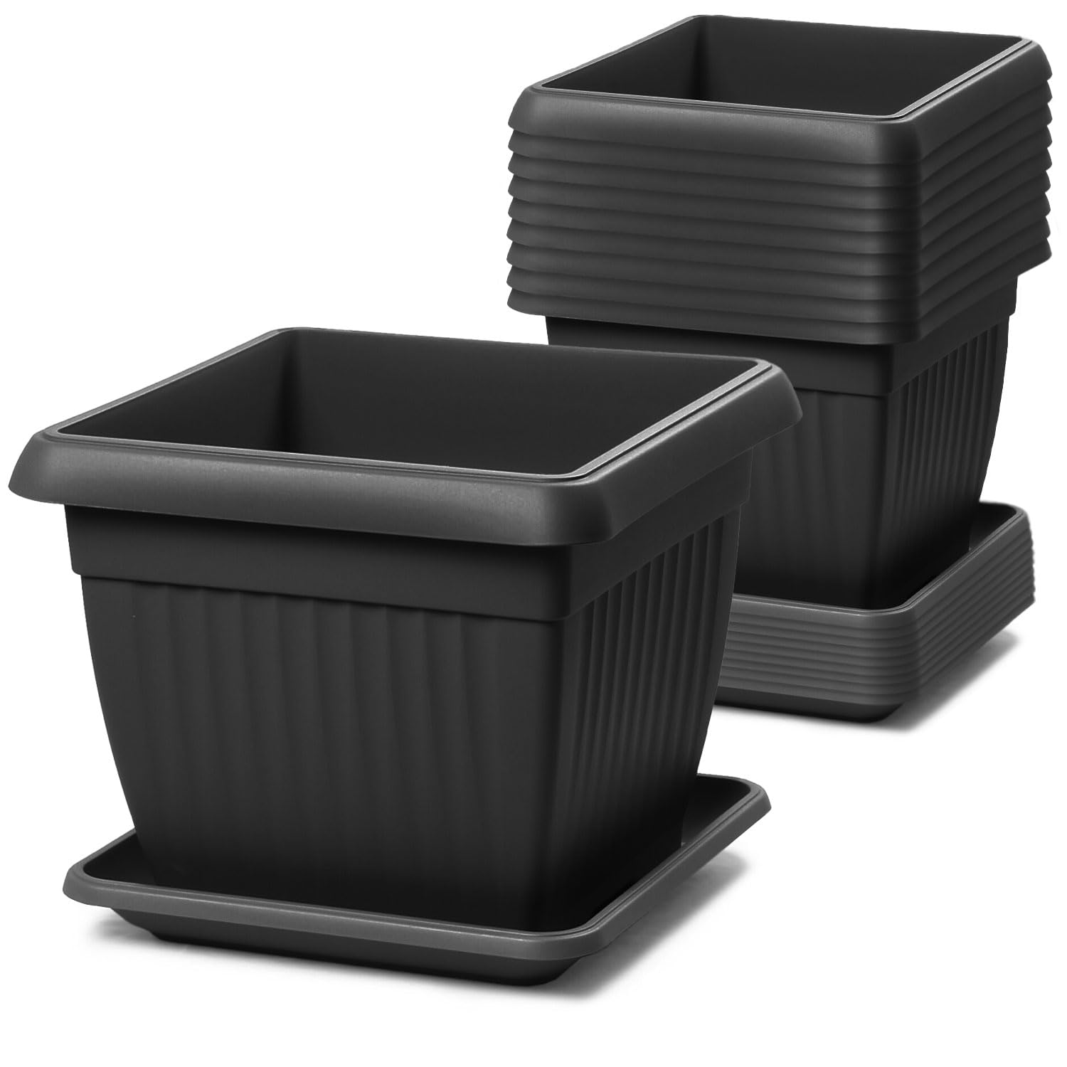 IMJ-Global Set di 10 Vasi e Sottovasi Quadrati Terra in Plastica 24x24x20 cm da Interno Esterno Colore Nero Design Classici