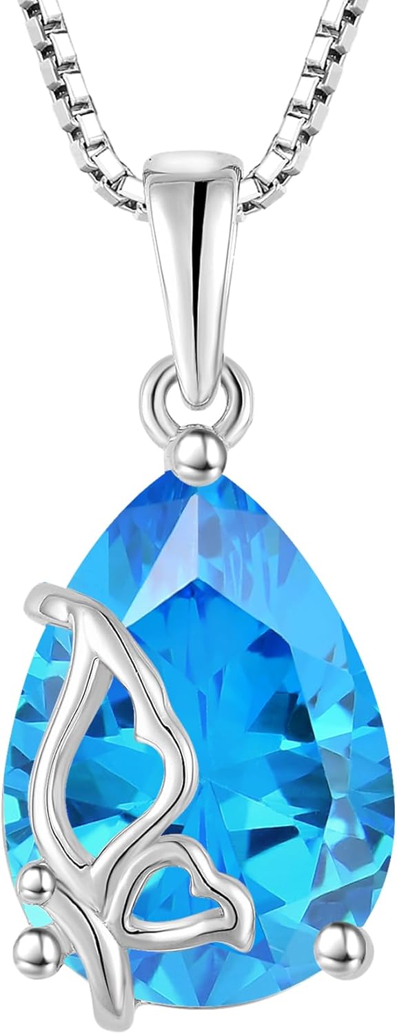 Butterfly Necklace 925 Sterling Silver Teardrop Birthstone Pendant Necklace Butterflies Jewelry Gifts for Women