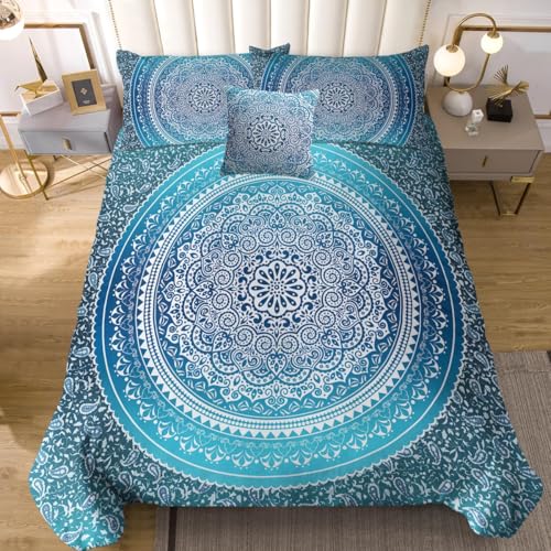 Sleepwish 4pcs Teal Boho Duvet Cover Set Blue Mandala Bedding Set King Size for Kids Adults, 1 Duvet Cover 2 Pillowcases 1 Cushion Cover