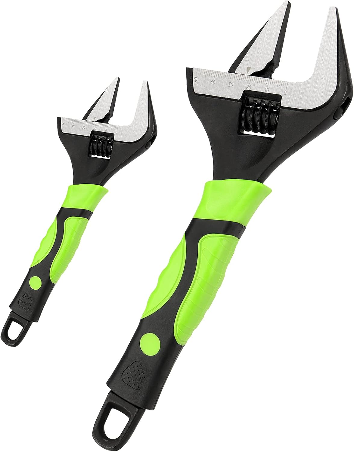 SEUNMUK 2-Piece Deep Jaw Wide Opening Adjustable Wrench Set, 6 Inch & 10 Inch Plumbing Wrench with Metric Scale, Household Repair, Green & Black