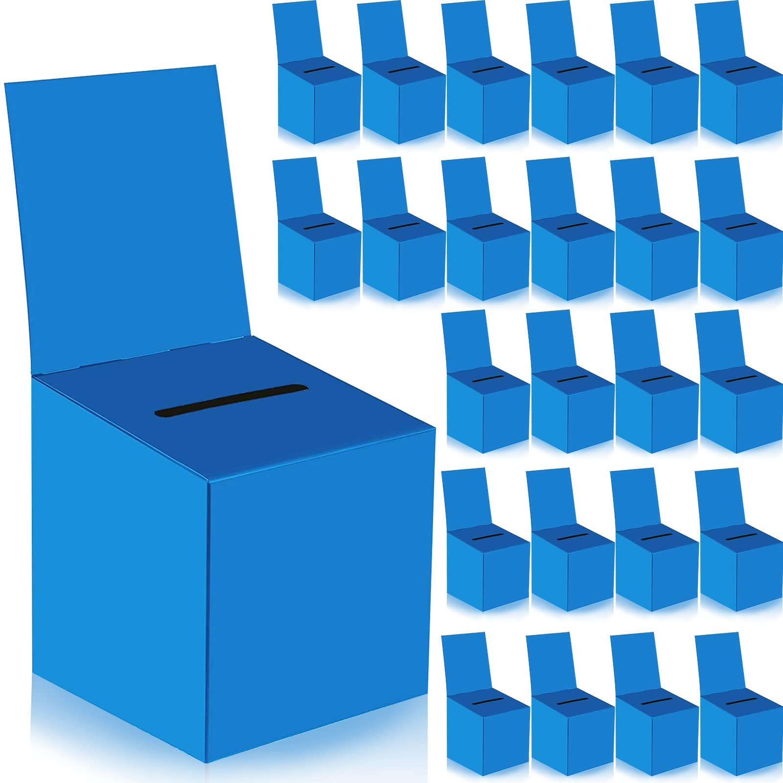 Paquete de 24 cajas de rifa, urnas con ranura, cajas de cartón de 6 x 6 x 6 pulgadas con ranura para boletos y cabecera extraíble para coleccionar tarjetas de visita y concurso de votación (24, azul)