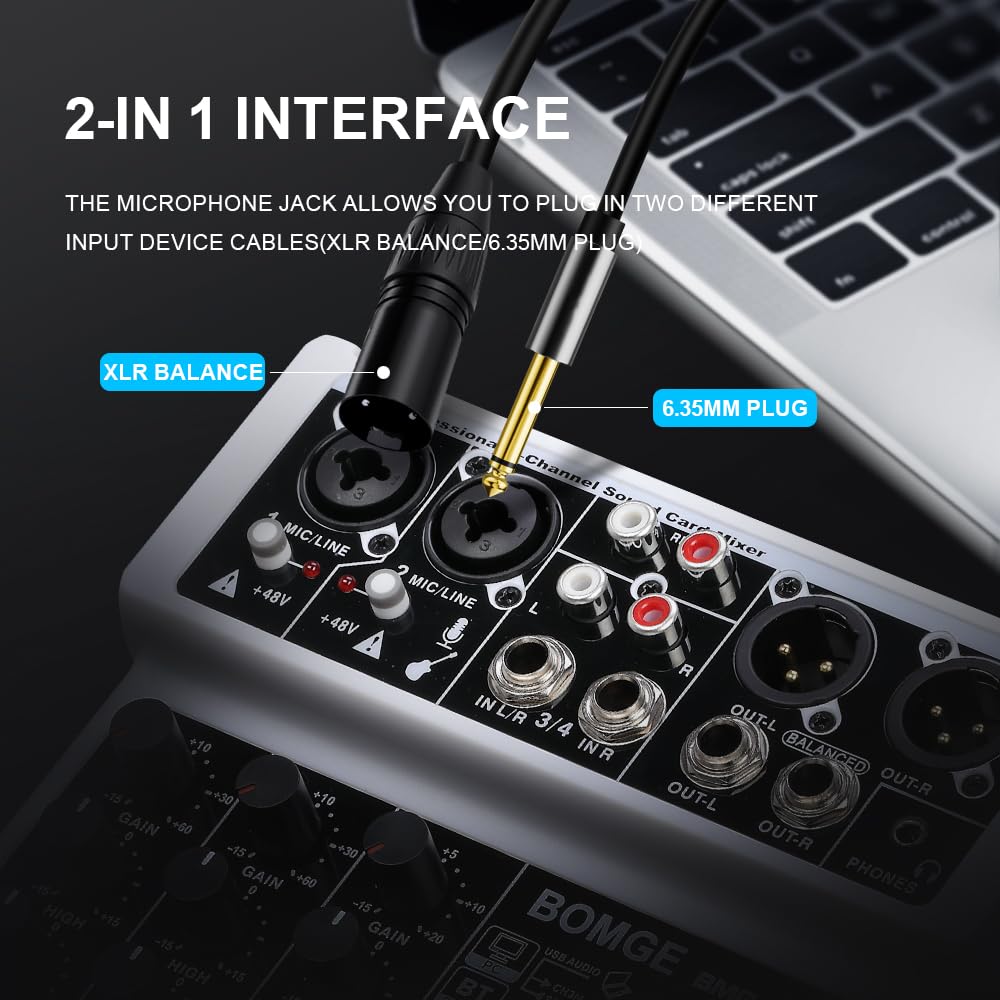 BOMGE-04F 4-Kanal-DJ-Audio-Soundmixer mit MP3/USB Bluetooth, Stereoaufnahme/48 V/24 DSP Echo-Effekte für Live-Übertragung, Karaoke, Performance, Kirchengesang und Musikproduktion (Weiß-4f)