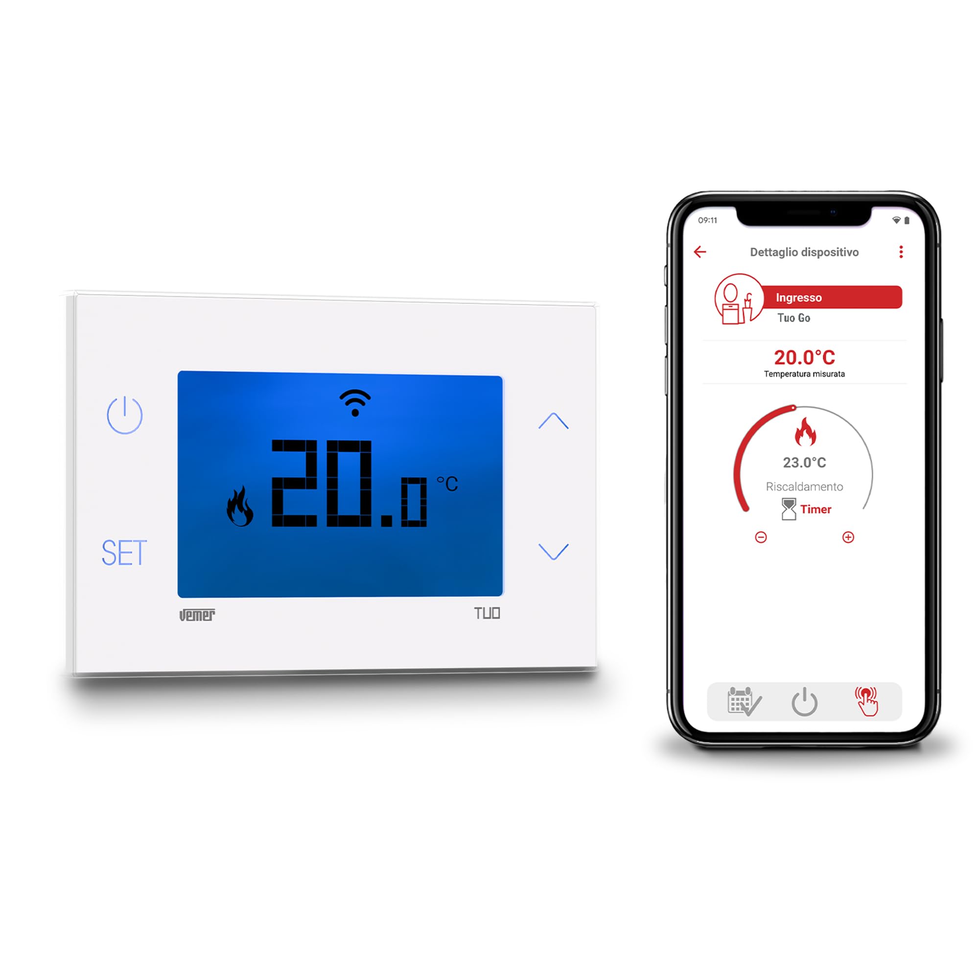 VEMER VE801100 TUO GO WI-FI – Termostato Calefacción WiFi de Pared, Control Inteligente con App, Configuración Inicial por Bluetooth, Programación Semanal para Caldera, Alimentación 230V, Blanco