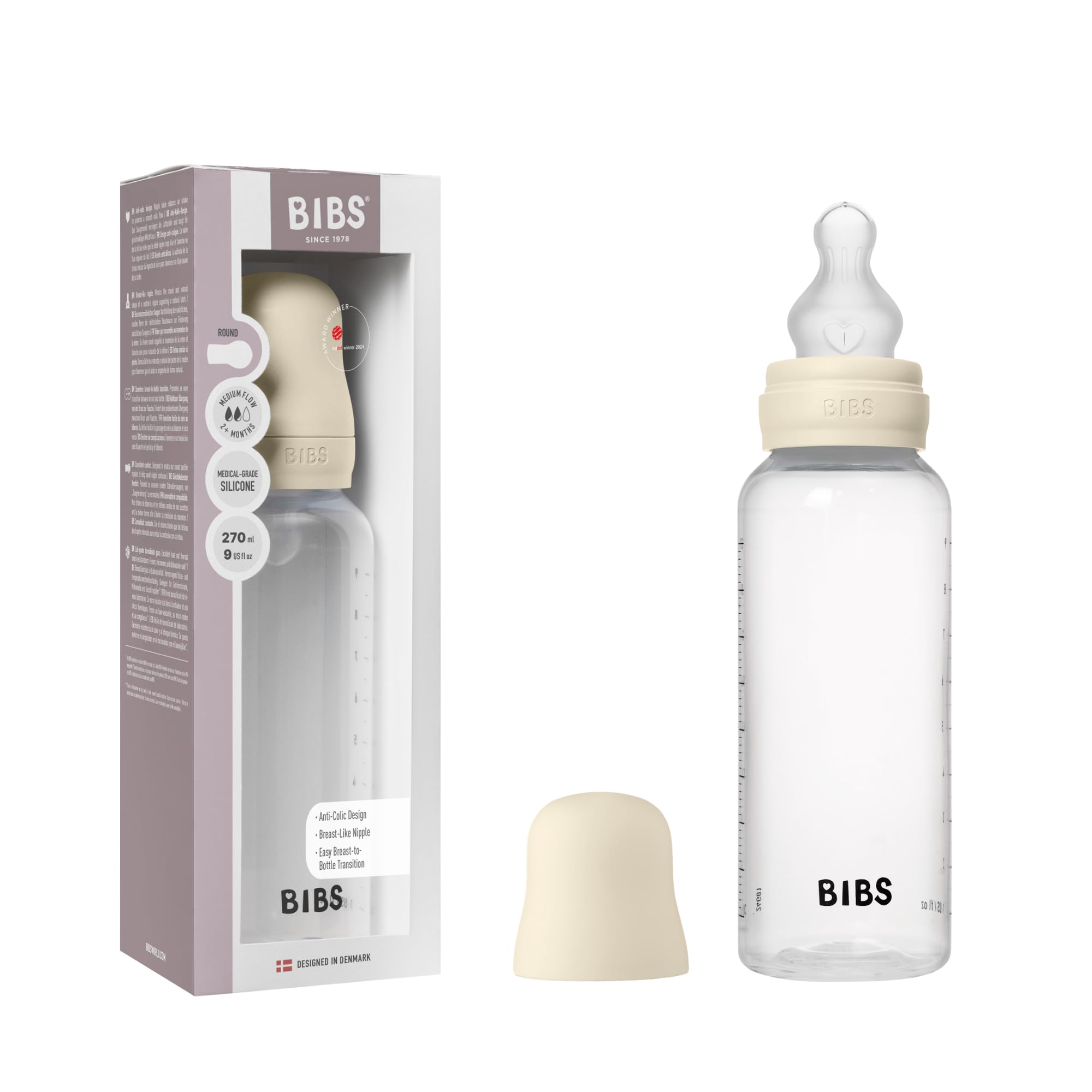 BIBS Babyflasche 270 ml. Sauger aus Silikon - Babyflaschenset. Anti-Kolik. BPA-frei. Mittlerem Fluss. leicht und einfach zu reinigen. geeignet für Neugeborene ab 0 Jahren - Ivory