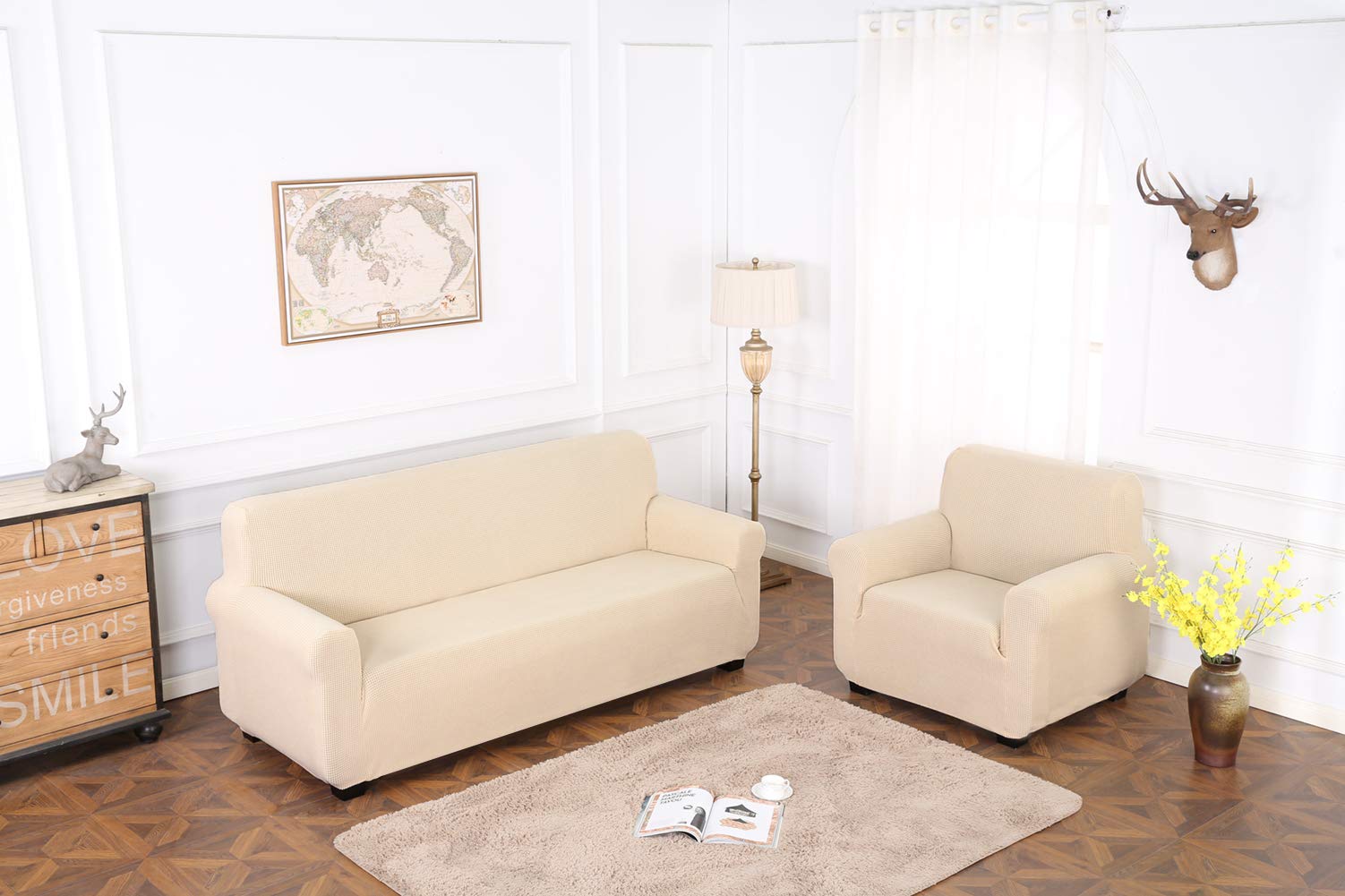 TIANSHU Funda Elástica para Sofá, Funda Sofa 3 Plaza, Ajustables Fundas Sofa Elasticas, Proteger el sofá, Funda de Sofá con Reposabrazos Antideslizante Antimanchas Lavable (Beige)