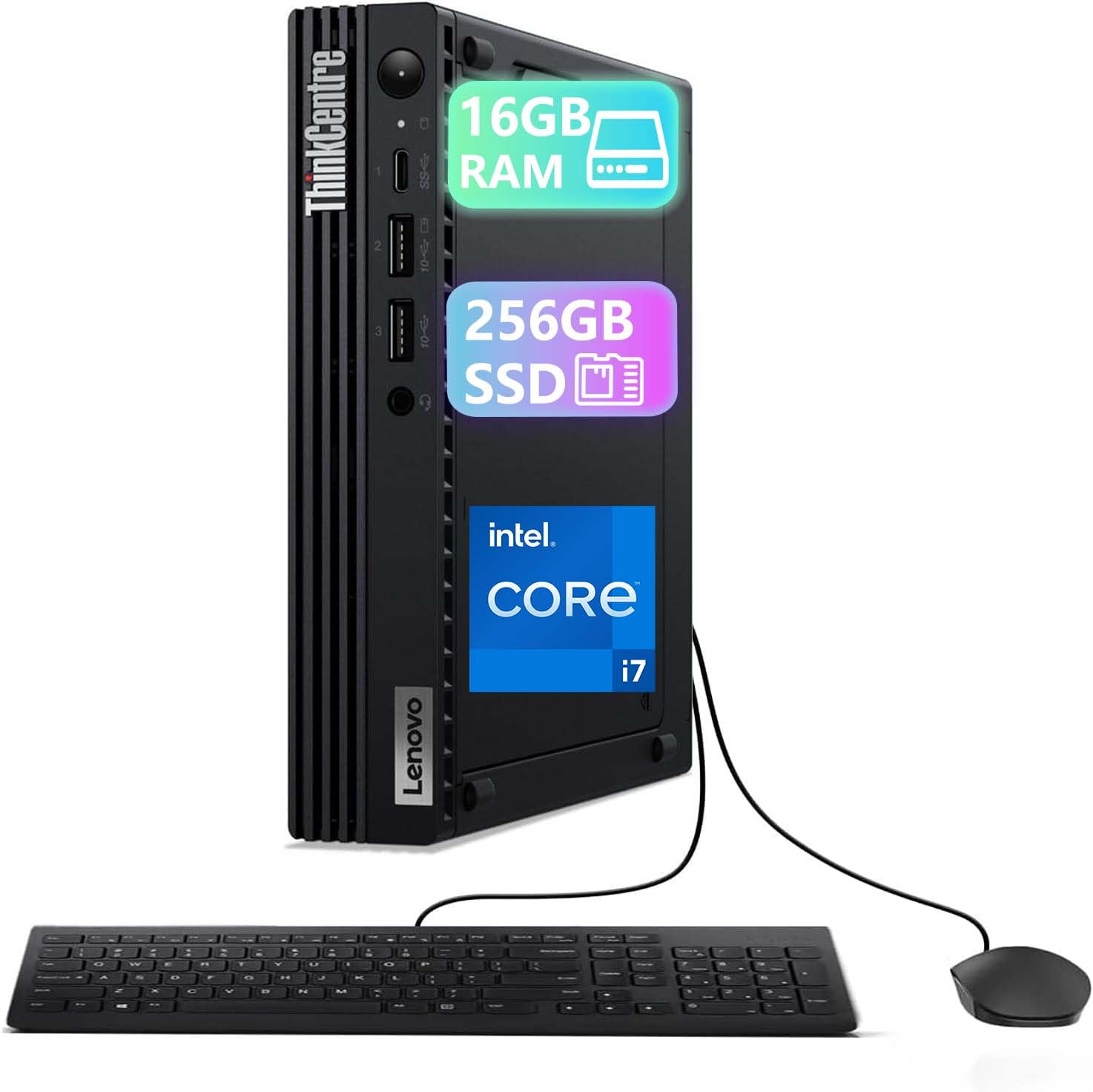 Lenovo ThinkCentre M70q Mini Desktop Computer, Intel Core i7-10700T, 16 GB di RAM, SSD da 256 GB, WiFi, Bluetooth, Tastiera QWERTY americana, Windows 11 Pro (Ricondizionato)