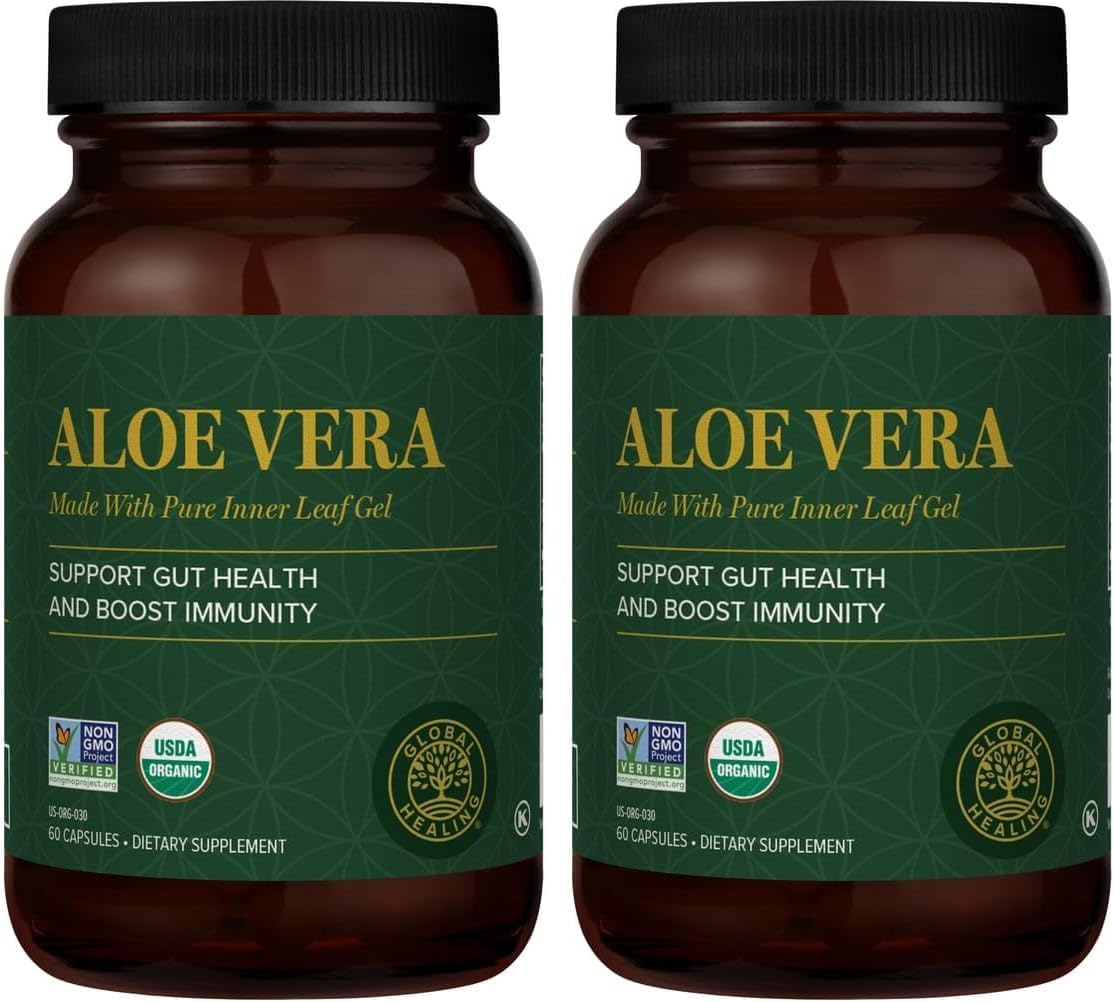 Global Healing Aloe Vera Bio-Active Organic Leaf Supplement - 200x Concentrate Formula with Highest Concentration of Acemannan - Aloin-Free - Gut Health & Immune Support - 60 Capsules (Pack of 2)