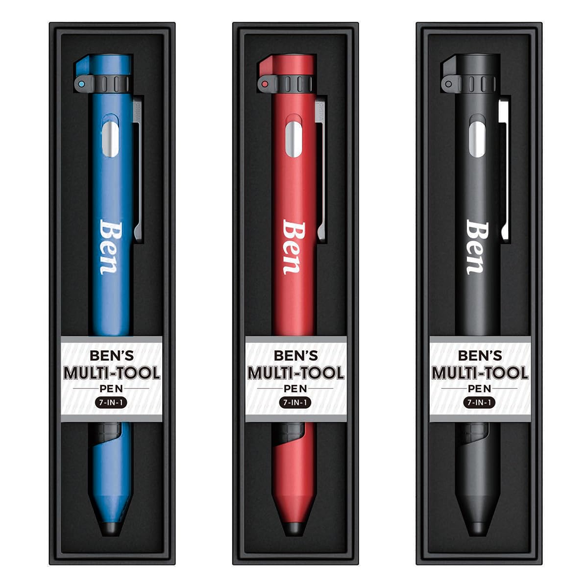 Jrose Collections Red/Blue/Black Ben Named Personalised Multi-Tool Pen, 7-In-1 With Torch, Phone Holder, Stylus, Compass, And Screwdriver Set - Assorted Colours (, Black) - Ink