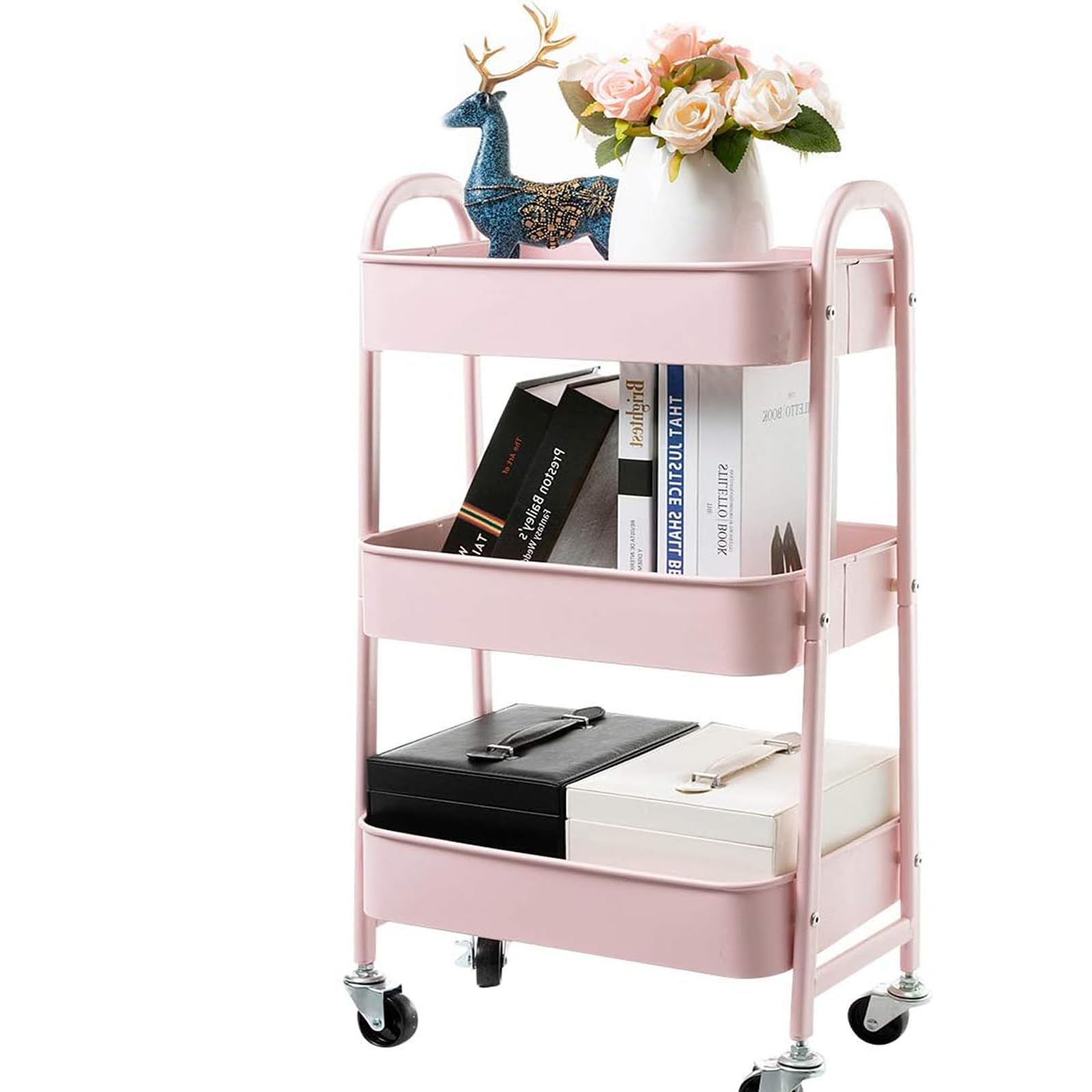 3 Tier Metal Storage Trolley on Wheels – Rolling Utility Cart, Multi-Purpose Kitchen Trolley, Bathroom Organizer, Vegetable Rack, Makeup & Office Storage