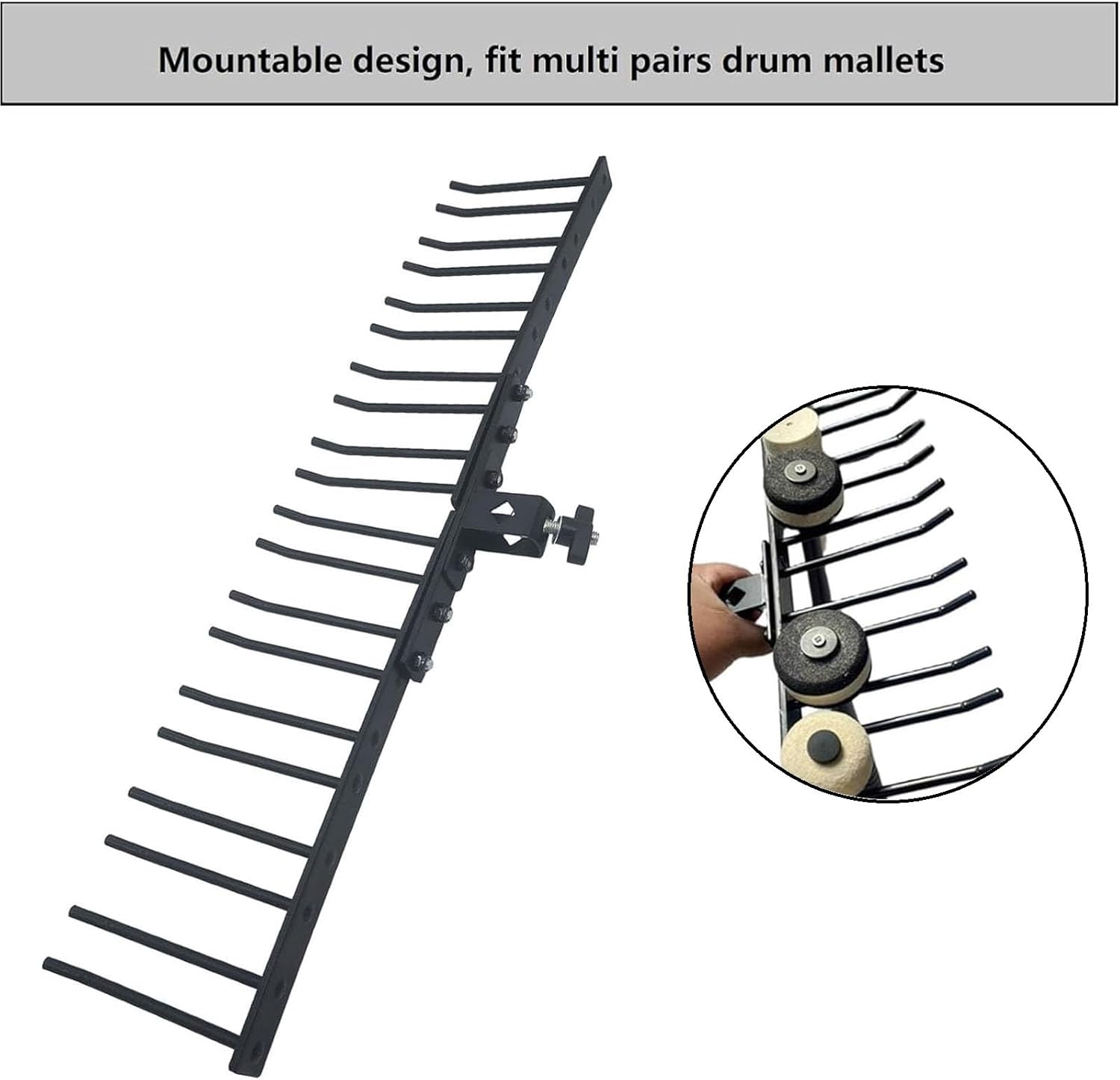 Drum Mallets Display Stand Mountable Multi Pair Marimba Timpani Mallets Holder Removable Drum Mallets Organizer Rack for 3/8'' to 7/16'' Diameter Percussion Mounting Rod (10 Pairs Mallets