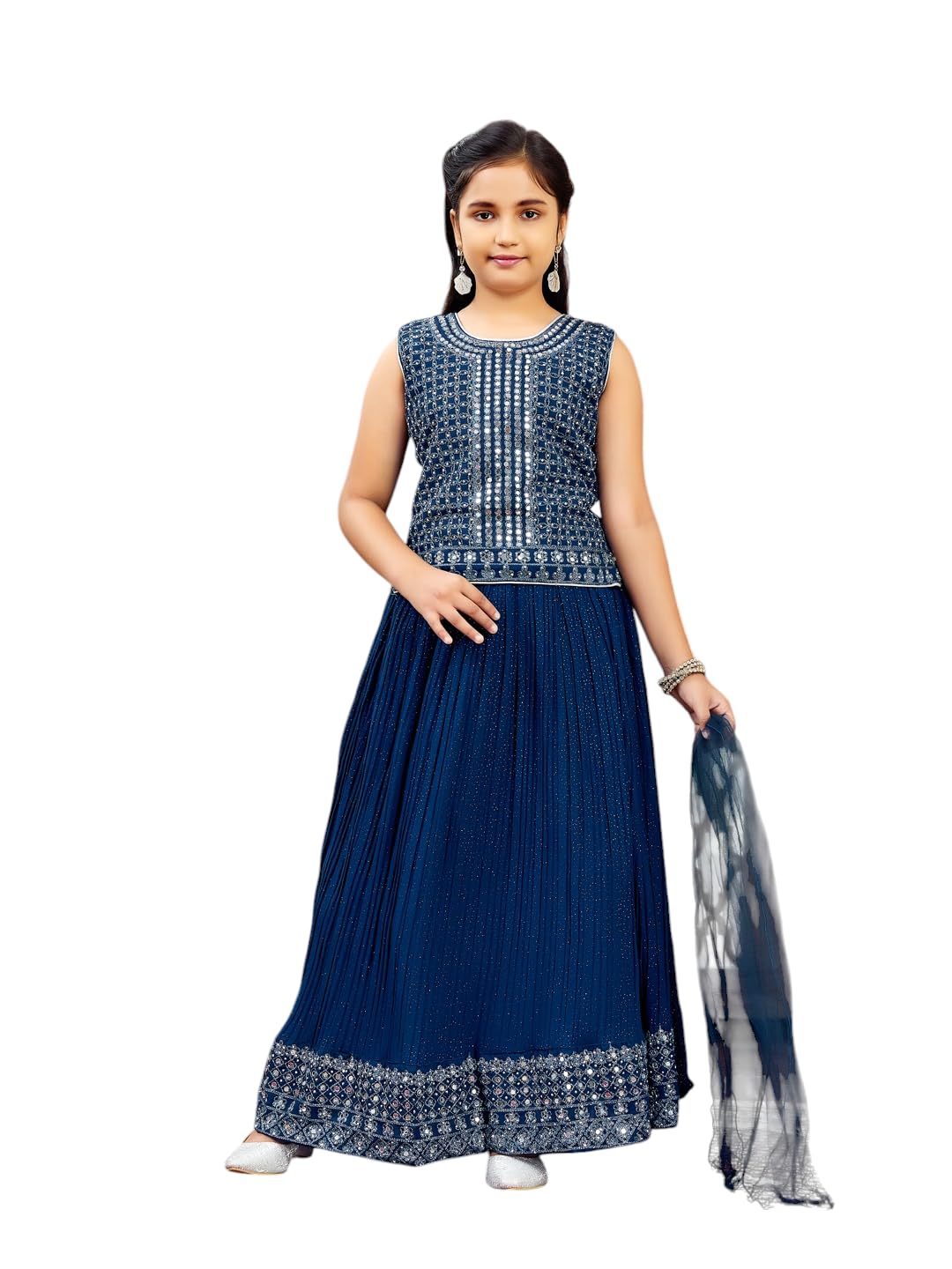 Aarika Girls Ethnic Wear Teal Blue Colour Mirror Embroidery Georgette Lehenga Choli Set (4-10 Years)