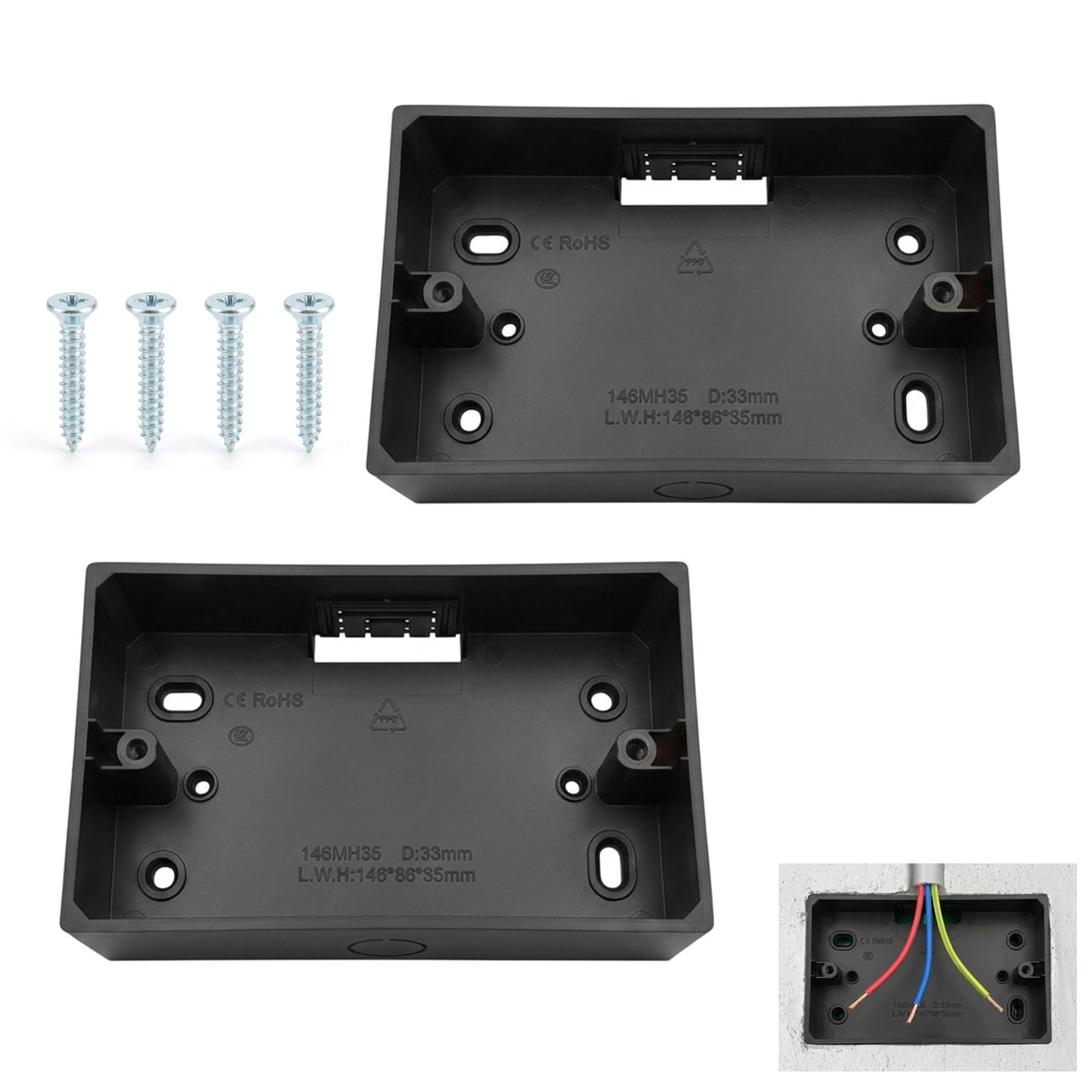 Yeeliv 2 Pcs Black Double Socket Back Box 146 Type, 146 x 86 x 35 mm 2 Gang