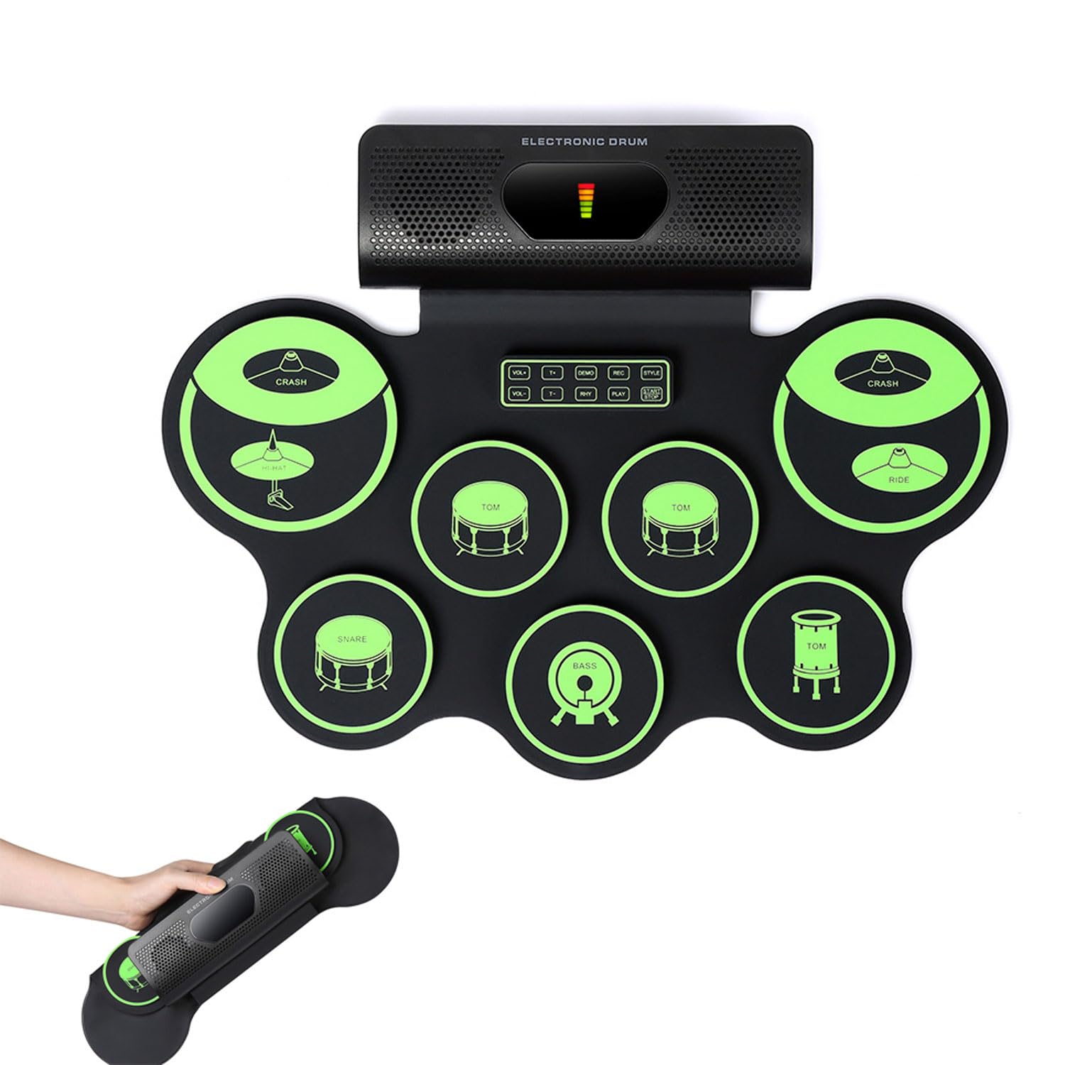 Batería Electrónica De 7 Pads, Instrumento De Percusión Somatosensorial Portátil, Pad De Práctica De Batería Enrollable con Pedales De Batería Y Baquetas, Altavoz Incorporado, Bluetooth Midi