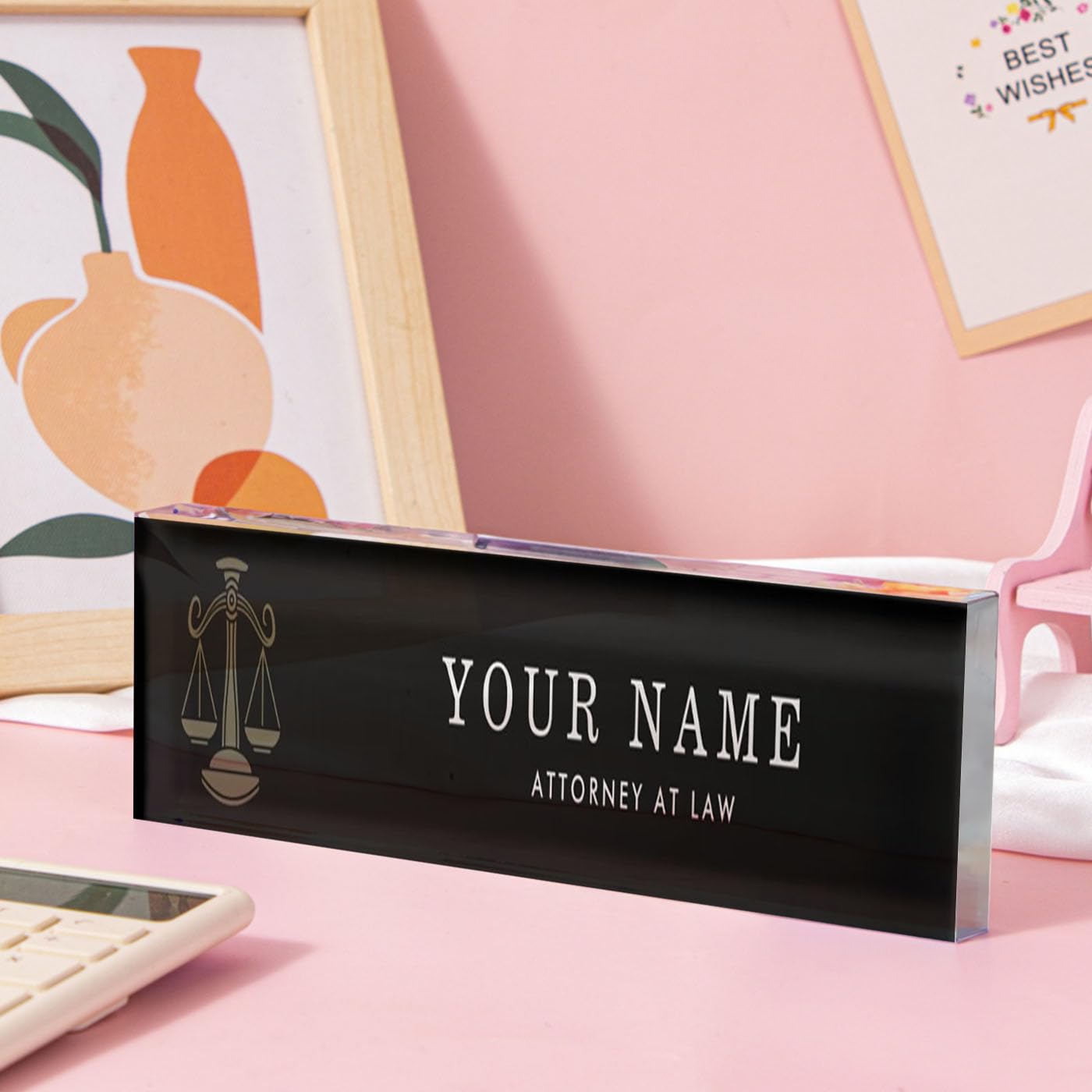Scales of Justice Desk Name Plate - Personalized Office Name Tag with Legal Icon, Ideal for Attorneys
