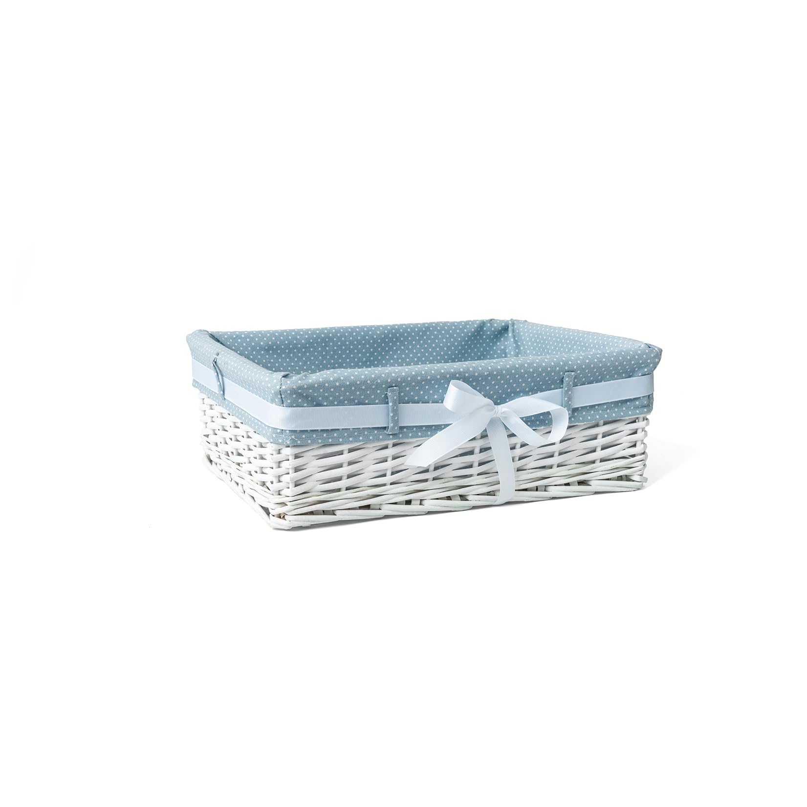 WoodLuv Large Rectangular Willow Wicker Gift Hamper Storage Basket with Blue Lining and Ribbon, White