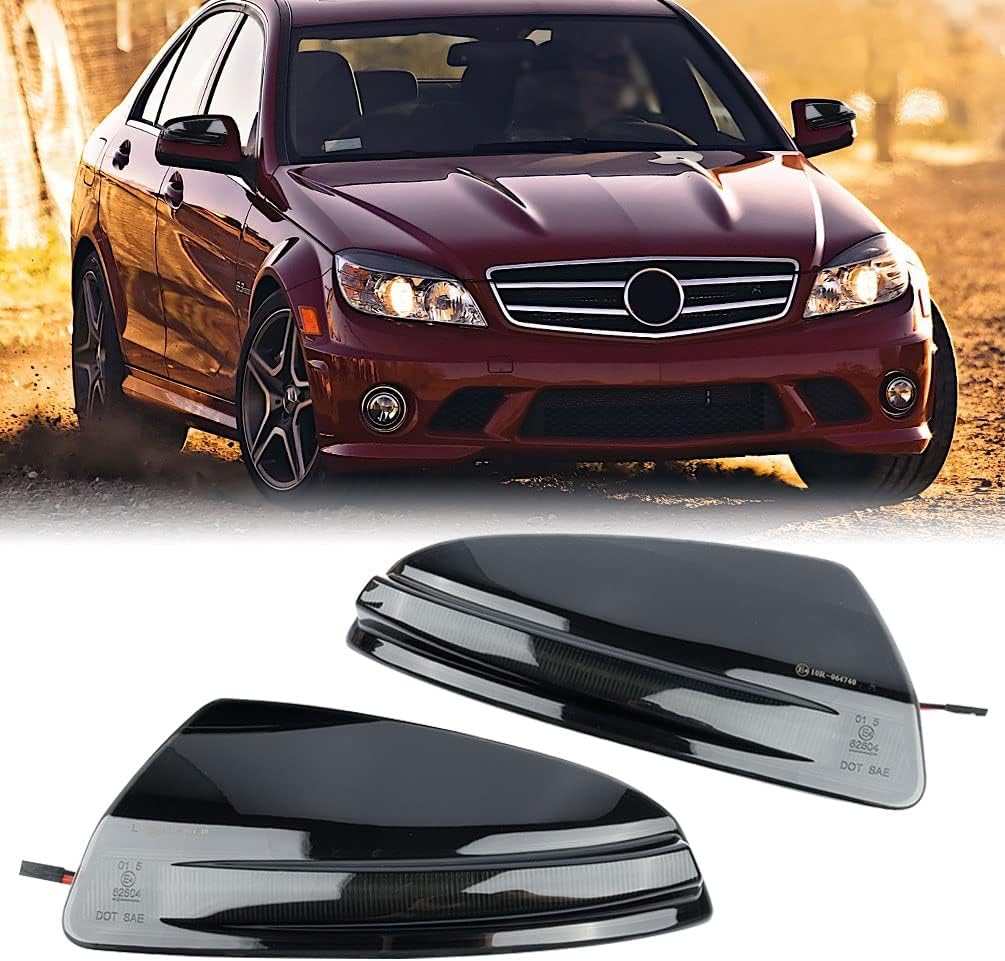 LED Side Mirror Marker Lights for 2008-2011 Benz Mercedes Pre-LCI W204 C250 C300 C350 C63 AMG S204 Dynamic Amber LED Turn Signal Lamps Smoked Lens Left Right Ourside Rear-View Lights OEM 2048200721