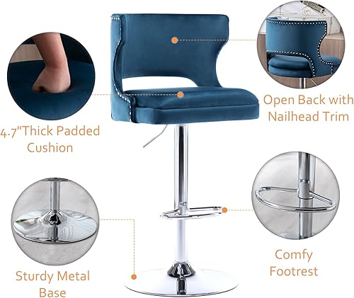 Miniatura 4 de Shunzhi Juego de 2 taburetes de bar giratorios de terciopelo ajustables con altura de mostrador con respaldobase, sillas de bar modernas tapizadas