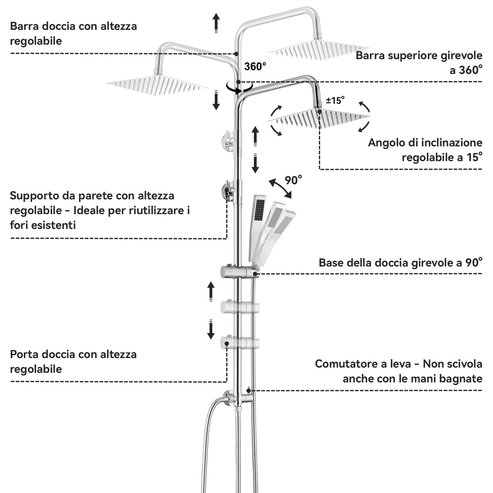 Auralum Colonna Doccia senza Miscelatore, Colonna Doccia Acciaio Inox con Saliscendi Doccia Altezza Regolabile 72-110cm, Asta Doccia con Soffione e Doccetta, Ideal Standard Gruppo Doccia per Vasca