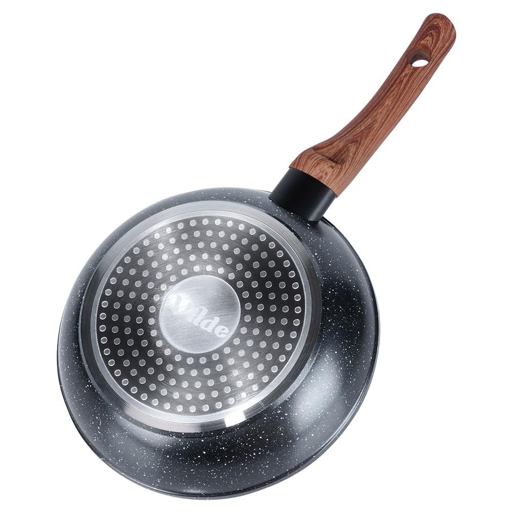 Vilde 3-częściowy zestaw patelni do kuchenek indukcyjnych z aluminium, nieprzywierająca powłoka granitowa, patelnie 20/24/28 cm, nadają się do mycia w zmywarce, uchwyt o wyglądzie drewna