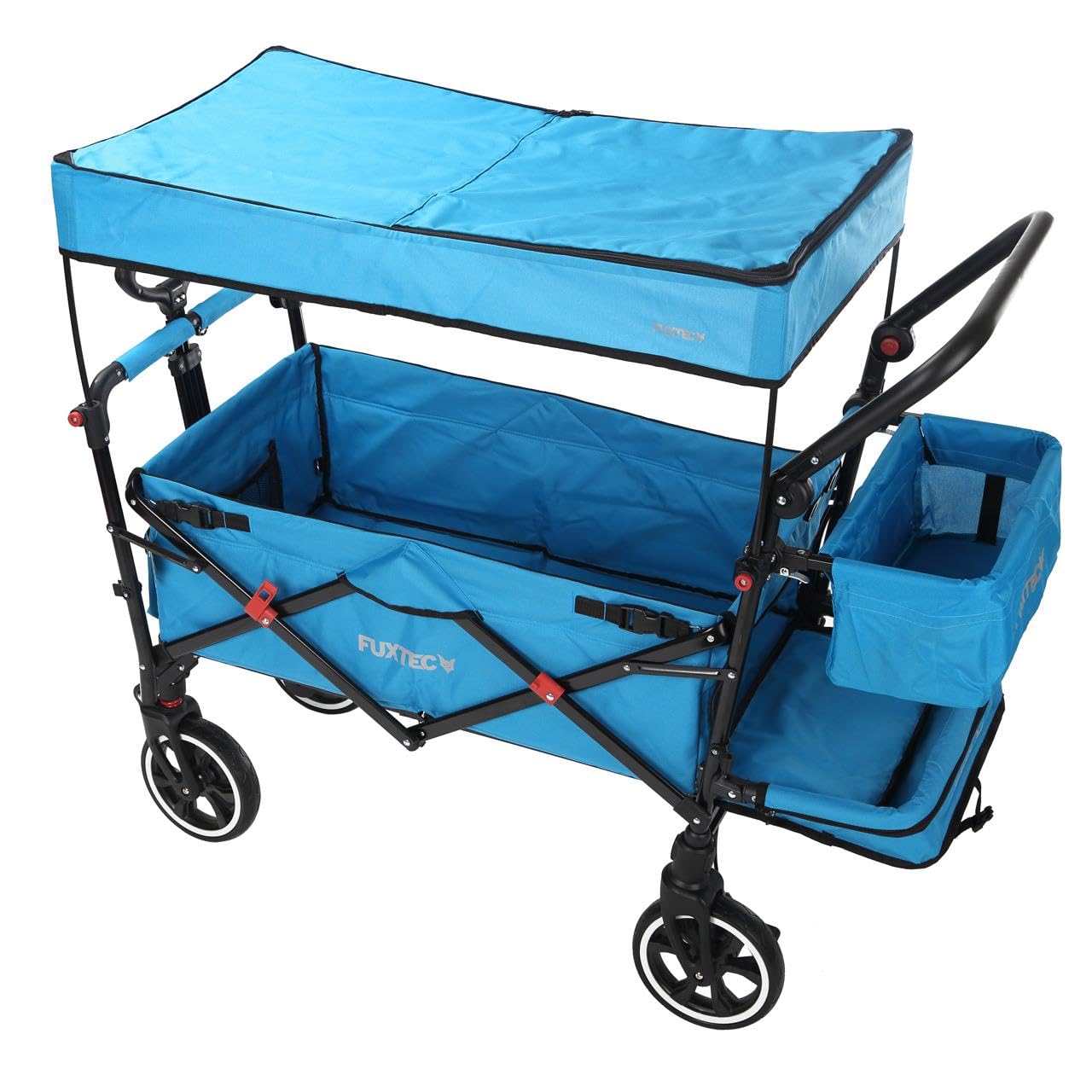 FUXLIFE handcart FX-CT850 turquoise - comfort foldable - children's transport trolley with sun canopy - padded interior with extension - sprung wheels - foldable handcart with rear bag
