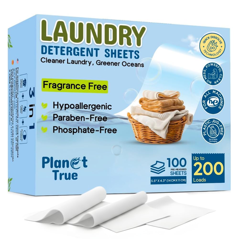 Planet True Eco-Friendly Laundry Detergent Sheets, 200 Loads (100 Sheets) Fragrance Free Sheet laundry detergent, Plastic-Free laundry detergent