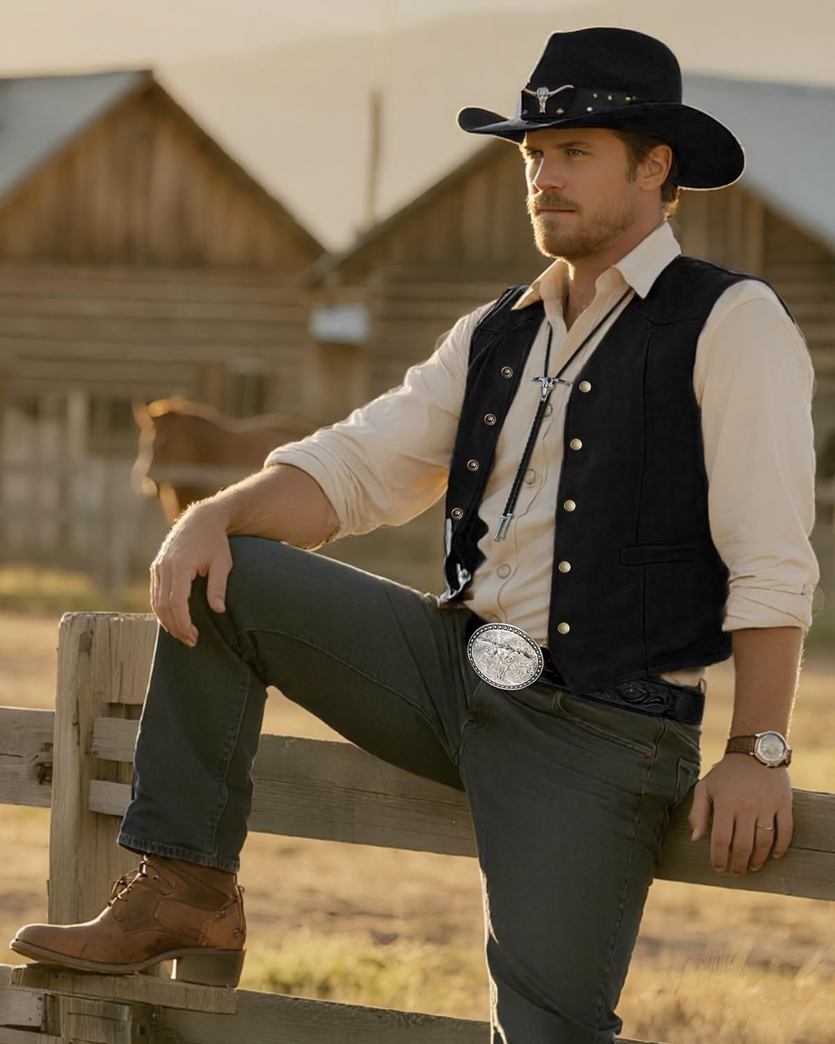 Western Outfits for Men 4Pcs Men's Cowboy Costume Set – Cowboy Vest Hat Western Belt Bolo Tie Party Halloween Gifts - Image 2