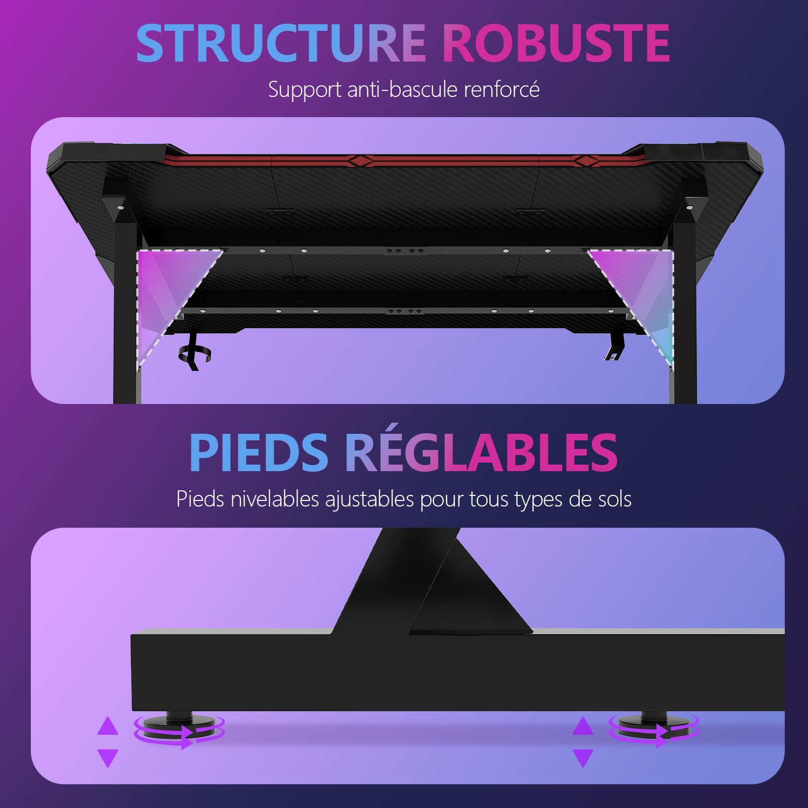 JUMMICO Bureau Gaming RGB 120x60cm, Carbone Anti-Rayures, LED, Noir