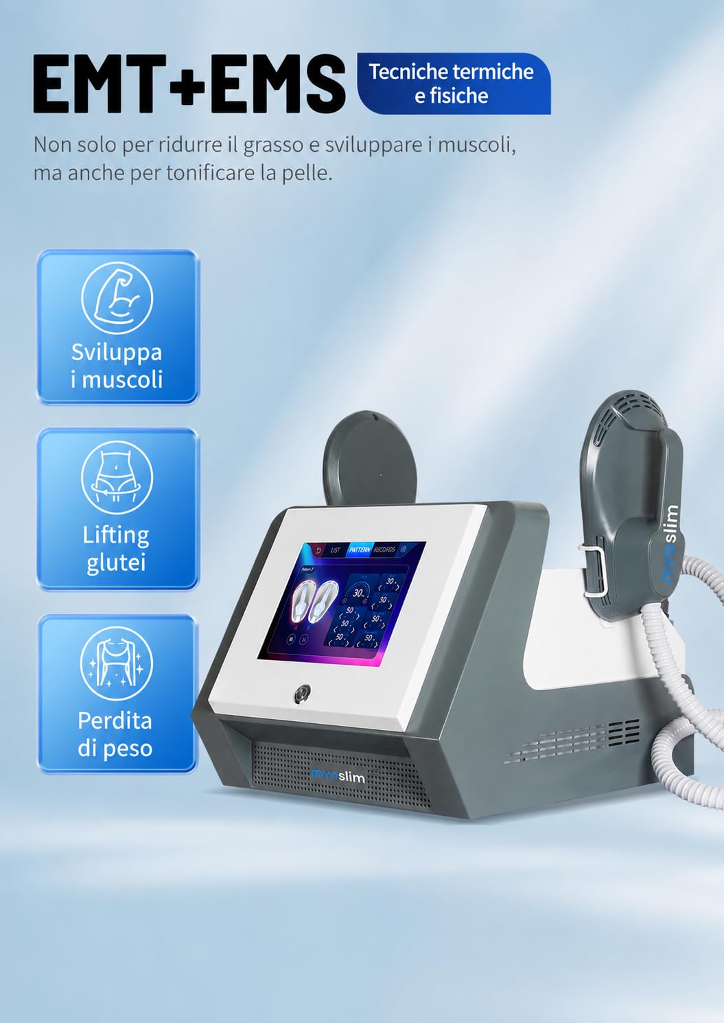 myoslim Macchina EMS Body Sculpt a 2 Manipoli, Dispositivo per Rimodellamento Estetico del Corpo, Elettrostimolazione Muscolare, Schermo Tattile, Uso Salone