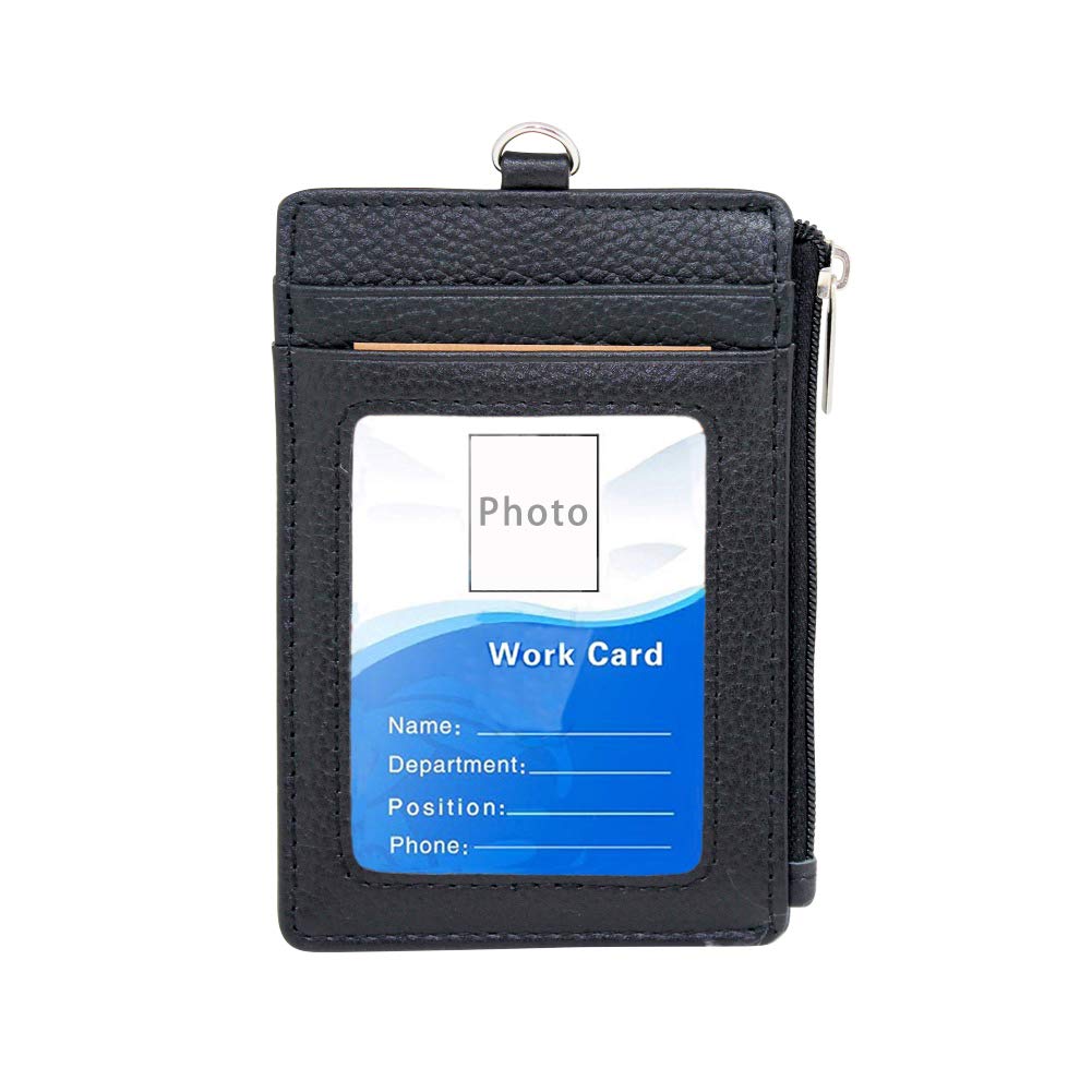 Badge Holder with Zipper - Boshiho Genuine Leather ID Badge Card Holder Wallet with 18.5" Neck Lanyard, 5 Card Slots Vertical Style (Black with Zipper) — image 1