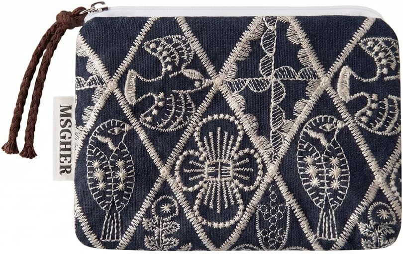 Lace Embroidered Coin Purse Mini Travel Cosmetic Pouch for Women Small Elegant Organizer A097 Navy