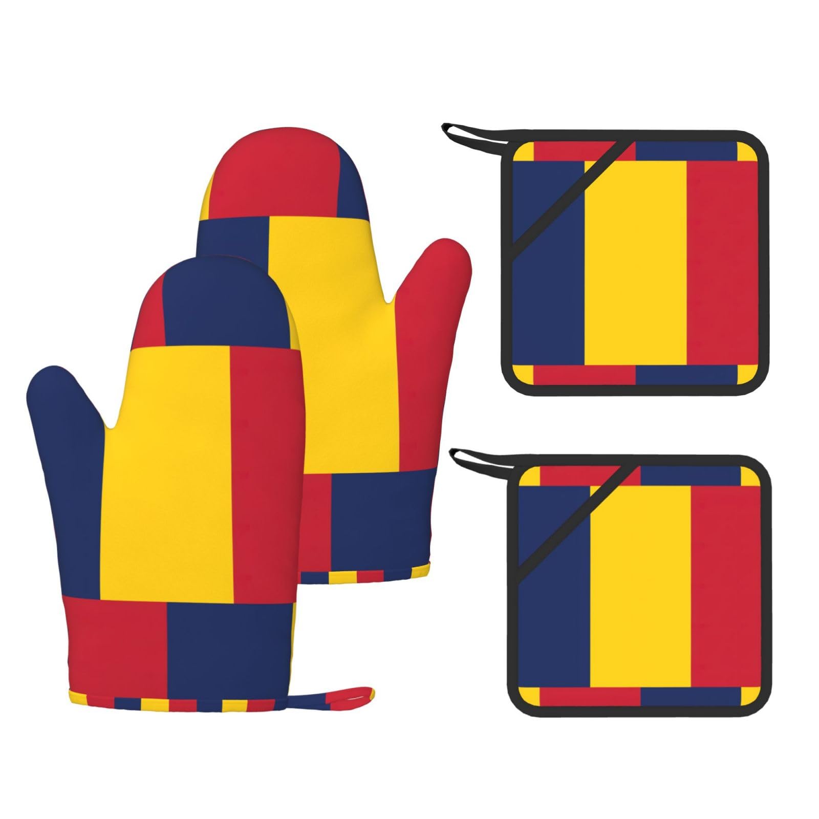 Flag of Chad Printed Kitchen Oven Gloves and Potholder 4 Pcs, Non-Slip Heat Resistant Mitts for Baking Chef