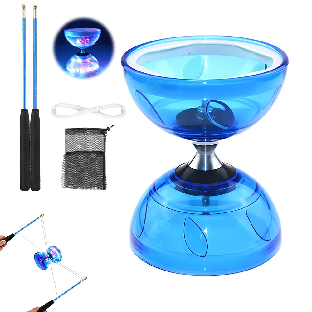 LED Diabolo mit Kugellager, LED Diabolo Freiläufer Blinkendes Dreifache, Lagerung Set mit Ersatzseil 10m, Profi-Stange, Netzbeutel, Licht D-iabolo für Kinder, Erwachsene, Anfänger und Profis