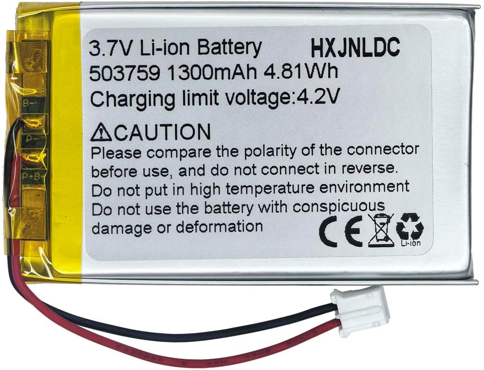 DC 3.7V 1300mAh 503759 Rechargeable Lithium Polymer Battery, Suitable for DIY 3.7-5V Electronic Products with Built-in 2-Wire Battery Replacement and LED Lights