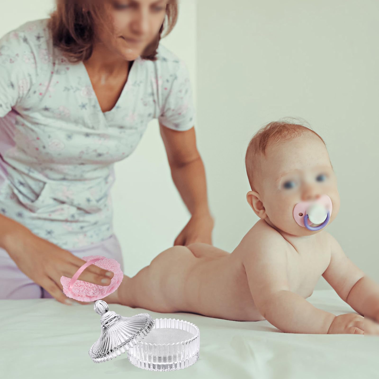 Körper Puderdose mit Quaste Babypuder Box Transparent Glas Dose mit Rosa Puderquaste Yurt-Form Behälter für Körperpuder, Loses Puder, Talkumpuder Damen Geschenk Durchmesser 14,5 cm, Kein Puder