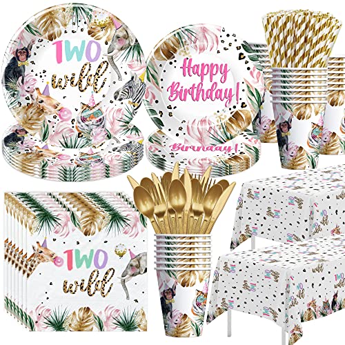 APOWBLS Two Wild Birthday Decorations Party Supplies Girl Tableware - Safari Animal Jungle 2nd Birthday Party Supplies Paper Plates Cups Napkins Tablecloth Cutlery Straw Serves 24
