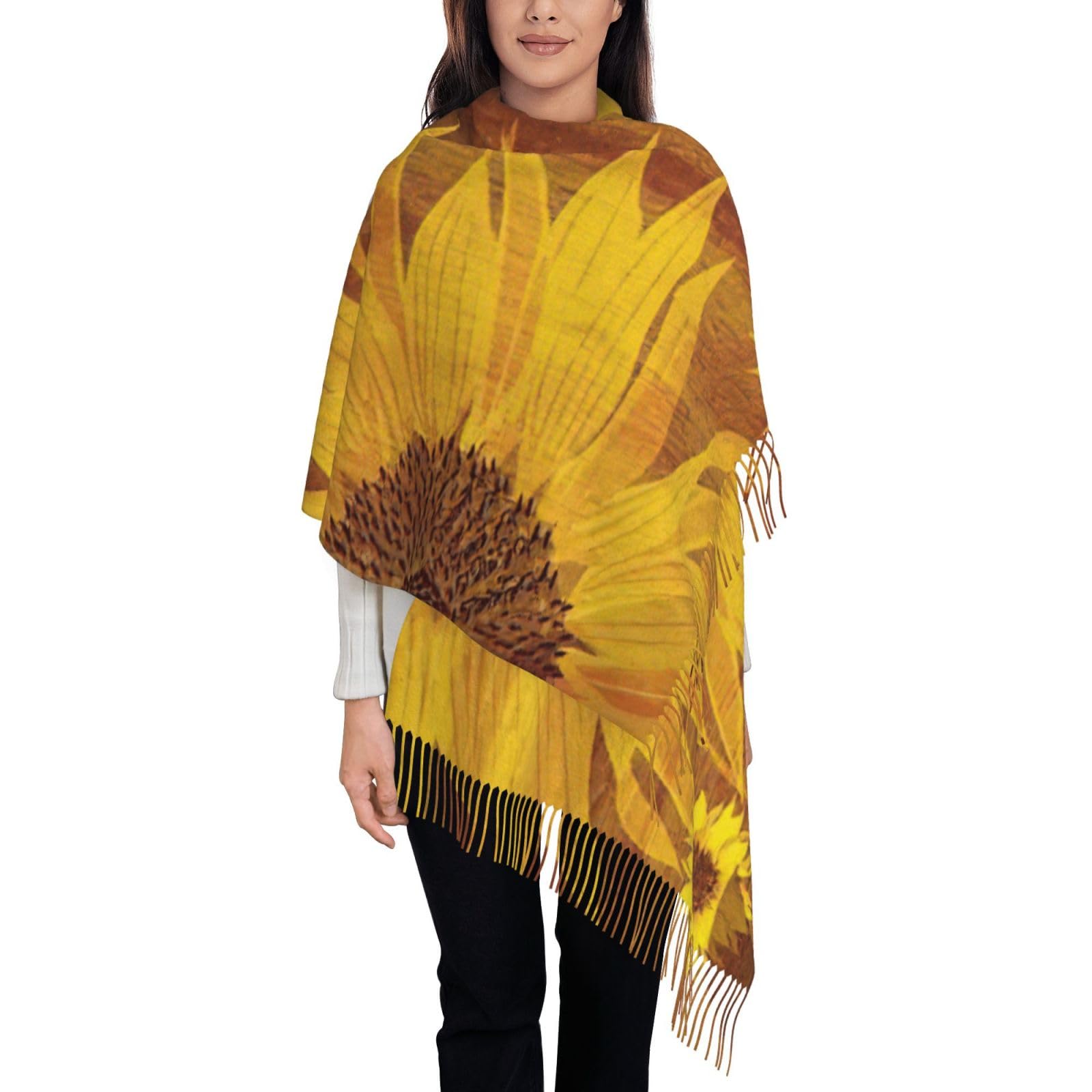 xvndap Beautiful Sunflowers Print Women'S Winter Scarf,Imitation Cashmere Long-Pile Tassel Scarf,Fashionable Shawl
