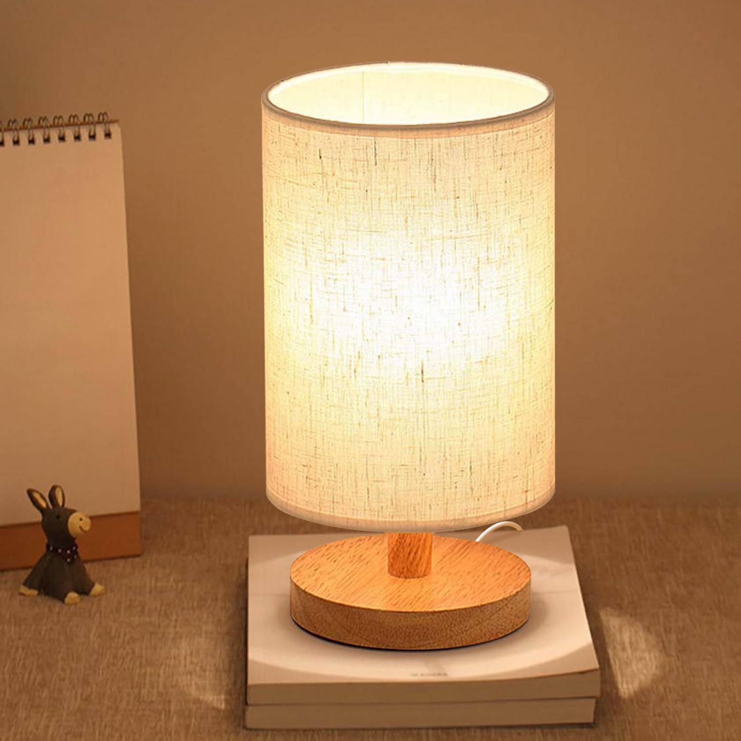 Necomi Bedside Table Lamp, USB Switch Cable LED Bedrooms Lamps, Nightstand Desk Lamp, Minimalist Solid Wood Round Base with Fabric Shade for Living Room, Kids Room, Office