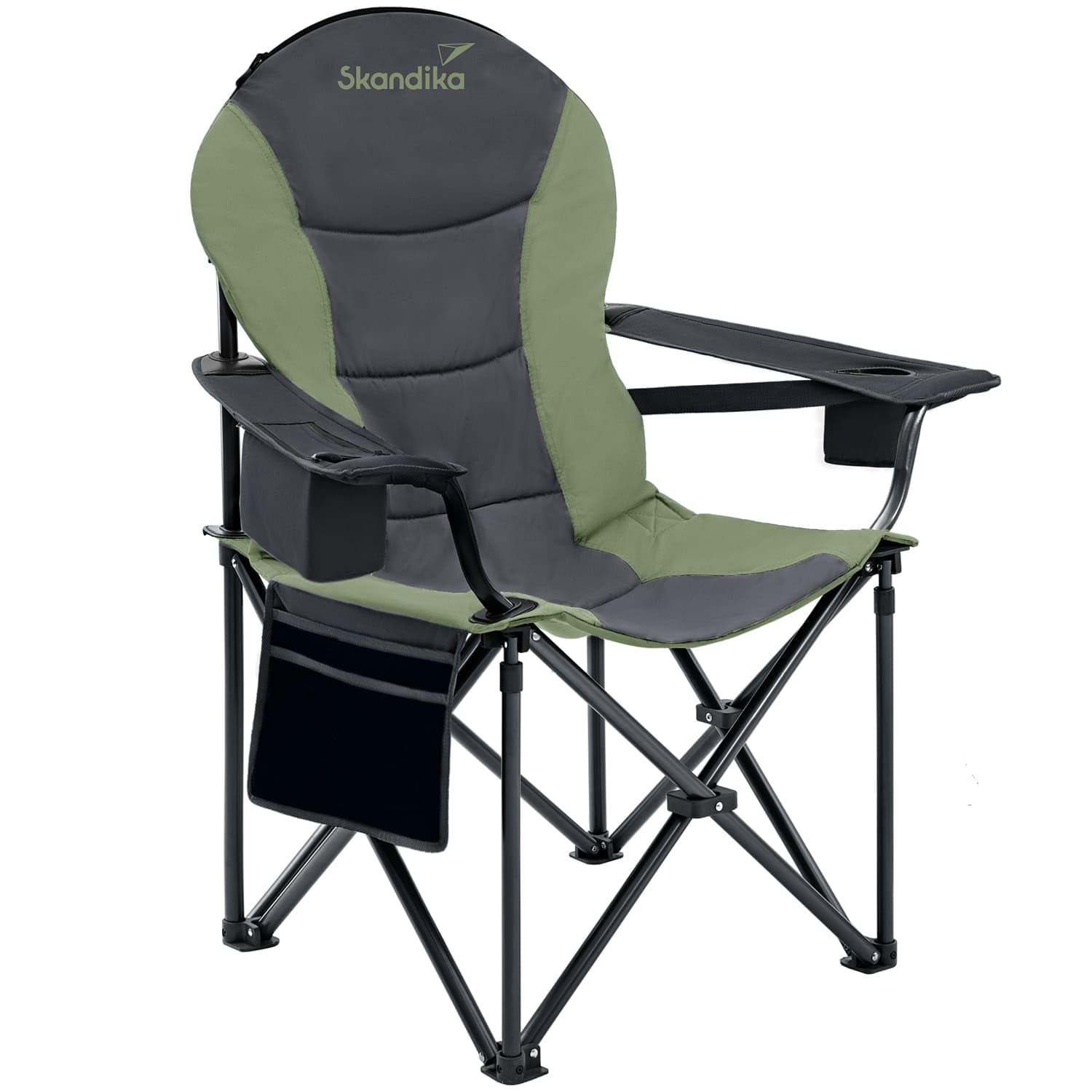 skandika Relax Comfort Silla de Camping - cómoda, Plegable y con portabebidas - máx. Peso Usuario de 150 kg - Bolsa de Transporte (Verde/Gris)