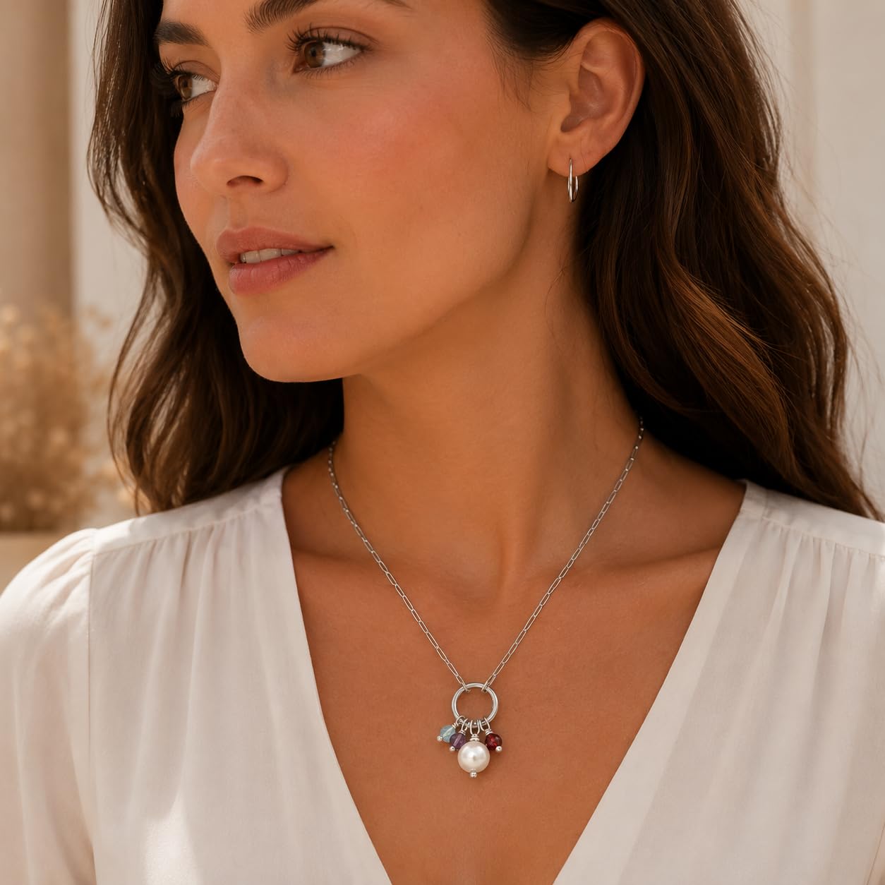 Collar Mujer Plata de Ley Verificada, Cadena de Eslabones Diamantada con Cierre de Anilla Porta Colgante de Piedras Semipreciosas Naturales, Regalo Mujer