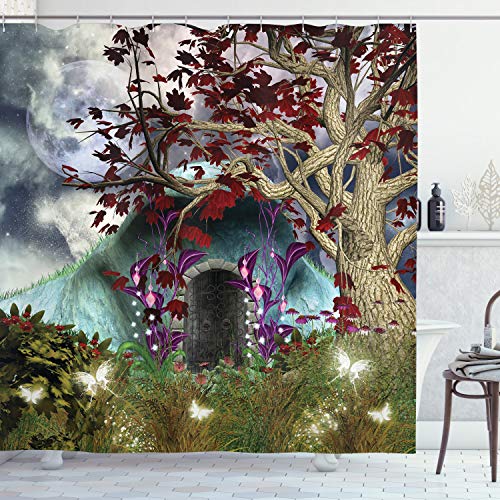 ABAKUHAUS Forest Shower Curtain, Dark Gothic Themed Fairytale Scene with Magic Tree and Secret Cave Illustration