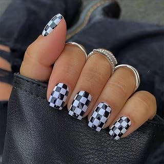 Press on Nails Medium Square Fake Nails Black White Checkerboard Design Full Cover Stick on Nails Reusable Artificial Nails Plaid Stick on False Nails Glue on Nails Kit Acrylic Nail Art DIY for Women