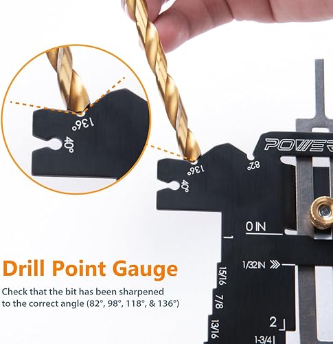 Miniatura 3 de POWERTEC Medidor de profundidad universal 5 en 1 para medir ángulos de cincel, puntos de perforación y ajuste de broca, alturas de hoja de sierra