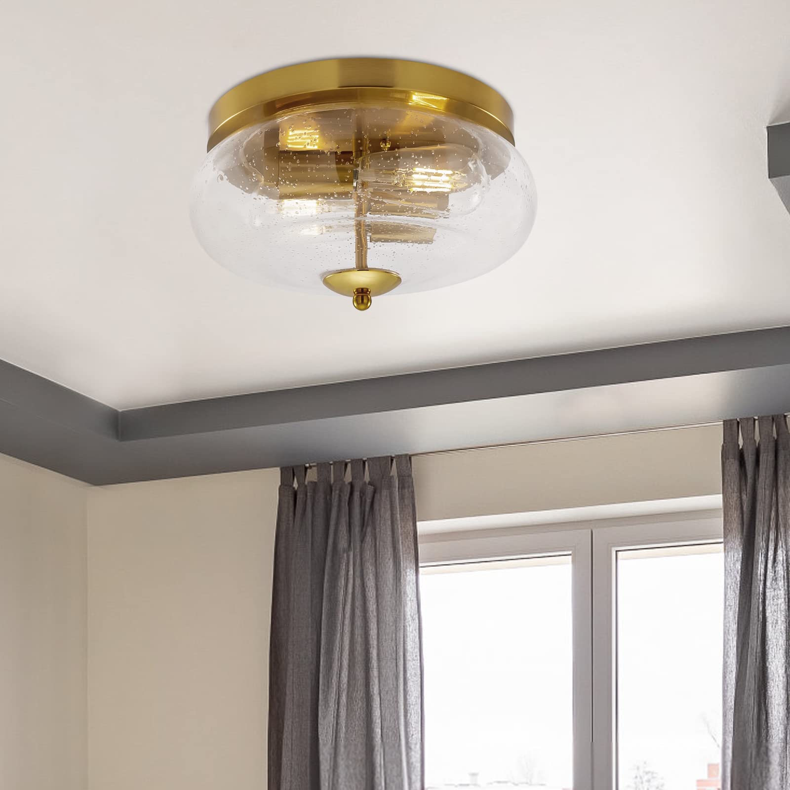 Darkaway Farmhouse Ceiling Light Fixtures Flush Mount Ceiling Light, Indoor Outdoor Ceiling Light with Seeded Glass Shade for Hallway, Kitchen, Bedroom, Porch, Gold