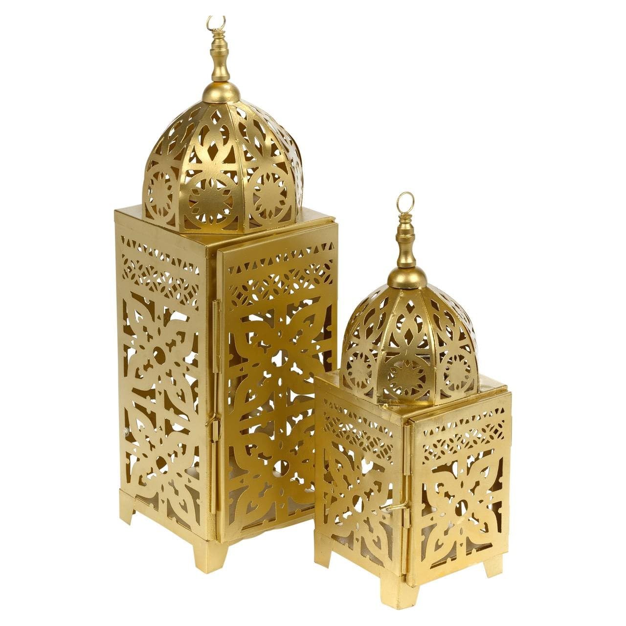 URBNLIVING Gold Metal Patterned Lantern Candle Holder for Tealights & Votive Candles, Moroccan Style Decorative Lantern for Home Wedding Table Centrepiece, Indoor & Outdoor Use - Small Set of 2