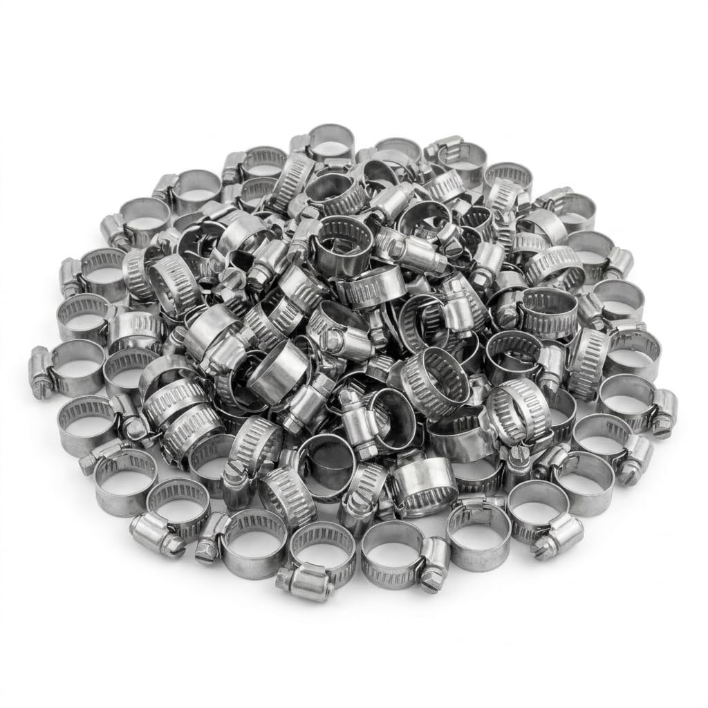 Kct Silver 100 Pack - 10Mm-16Mm Hose Pipe Clamps Adjustable 304 Stainless Steel Metal Clips For Flexible Tube Worm Drive
