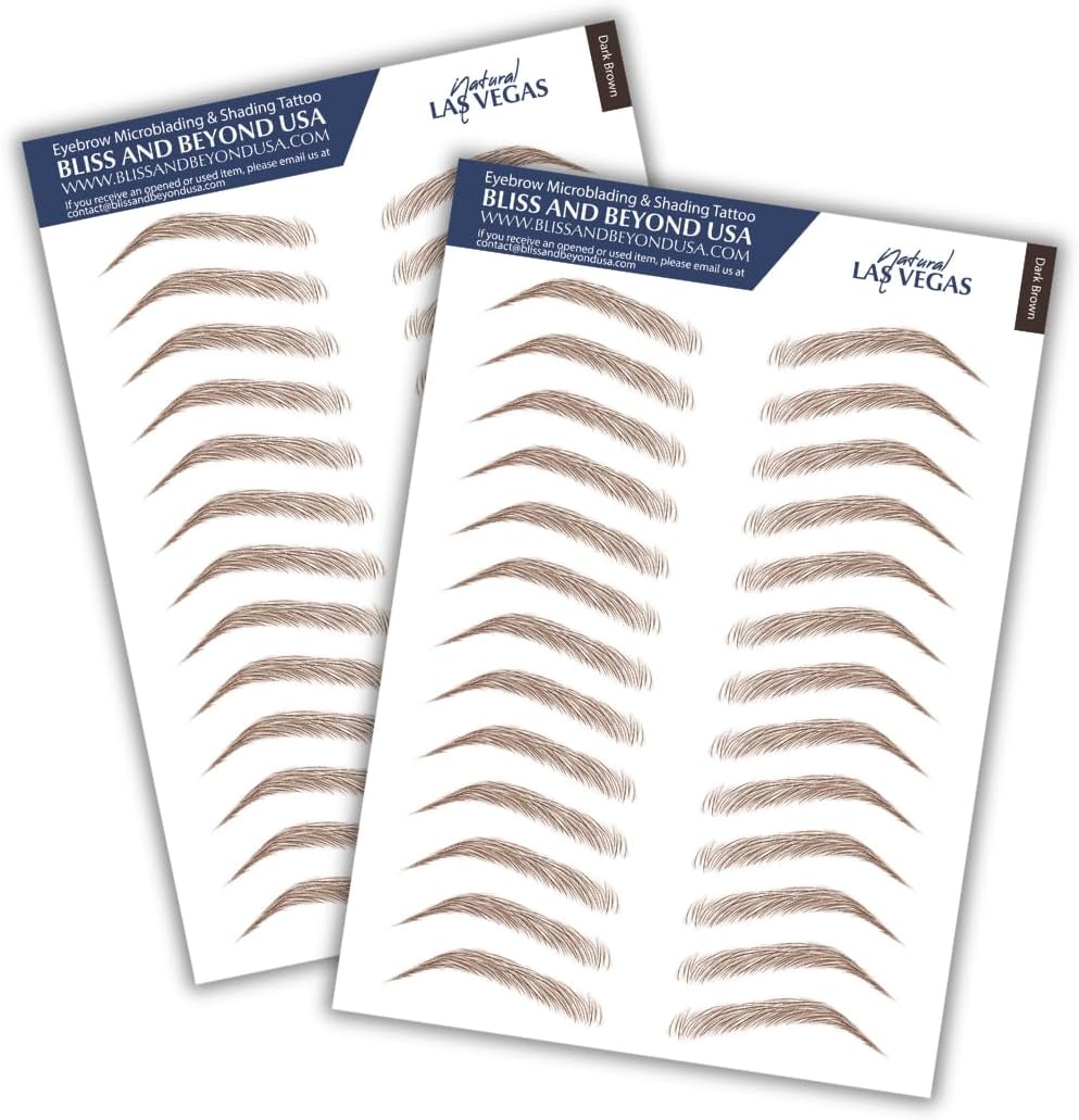 Bliss and Beyond USA, 2 sheets eyebrow tattoo waterproof sticker, Long Lasting, Natural Looking Fake Eyebrow for Alopecia, Chemo, Cancer gift. Same Size eyebrow tattoos (Natural Las Vegas, Dark Brown)