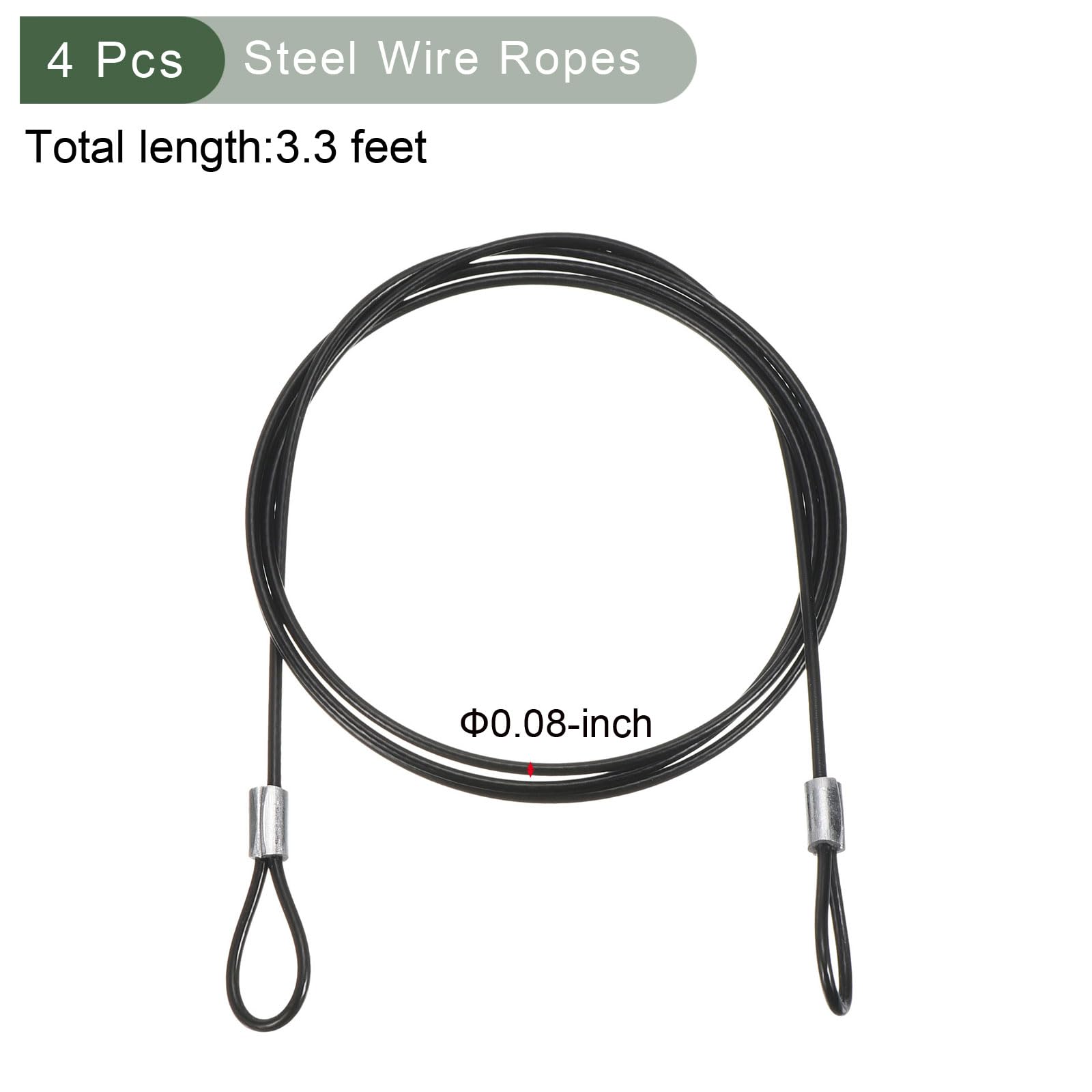 YOKIVE 4 Pcs Safety Cable Locks, Stainless Steel Security Wire Ropes with Double Loop | Great for Homes Doors Fences (Black, 3.3=Ft, 2mm Dia)