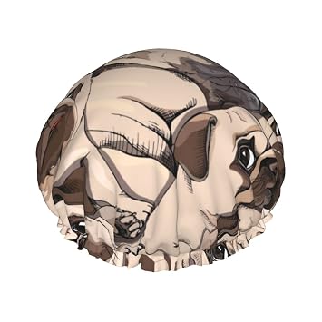 Cute Pug Dog Soccer Shower Cap for Women,Double Waterproof Layers Bathing Shower Hat Large Designed for all Hair