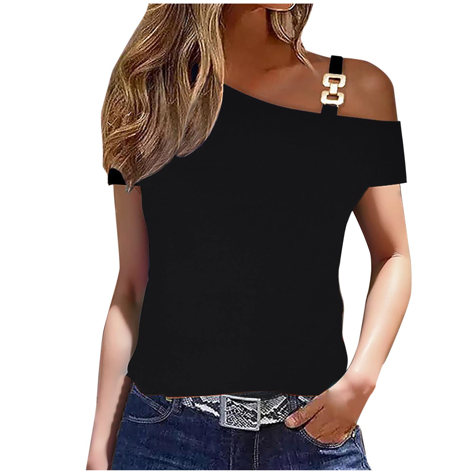 NUSGEAR Camiseta Manga Corta Mujer Verano 2023 Moda Impresión Camisa un Hombro Blusa Cuello en V Camiseta Sexy Slim Fit Tops Casual Fiesta T-Shirt Original tee Playa