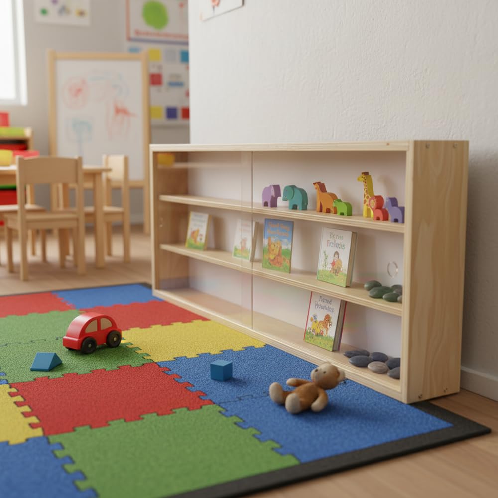 Generisch 3-stöckiger Wandschrank aus Acryl mit Tür, 90 x 30 x 8,5 cm, Glasvitrine für Sammlerstücke, durchsichtiges Hängeregal für Modelle und Autos, MDF mit Holzmaserung